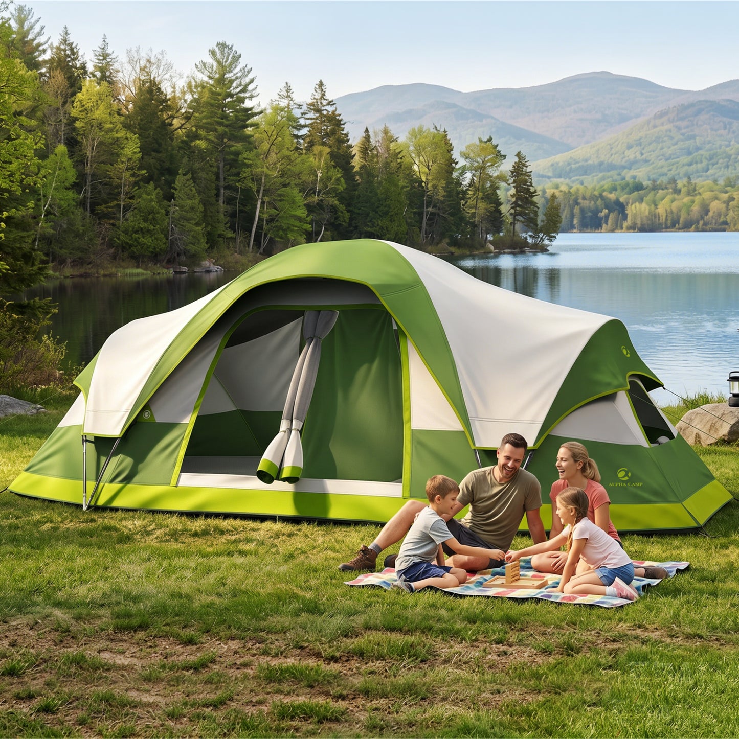 Sophia & William 10 Person Camping Tent 18x9ft Cabin Tent with Removable Divider and Mesh Screen Windows, Green