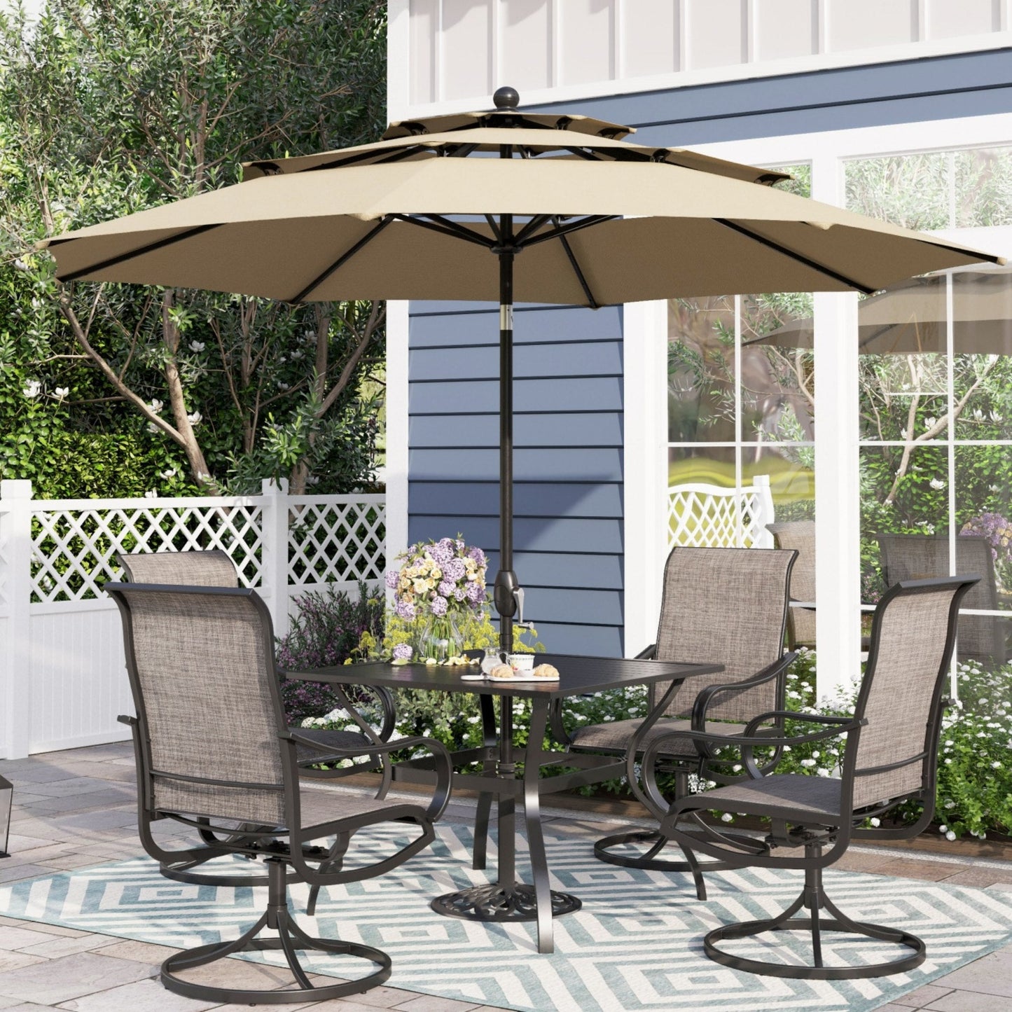 Alpha Joy 10ft 3 Tier Auto-Tilt Outdoor Patio Umbrella Beach Garden Double Vented Table Umbrella with Push Button and Crank,Beige