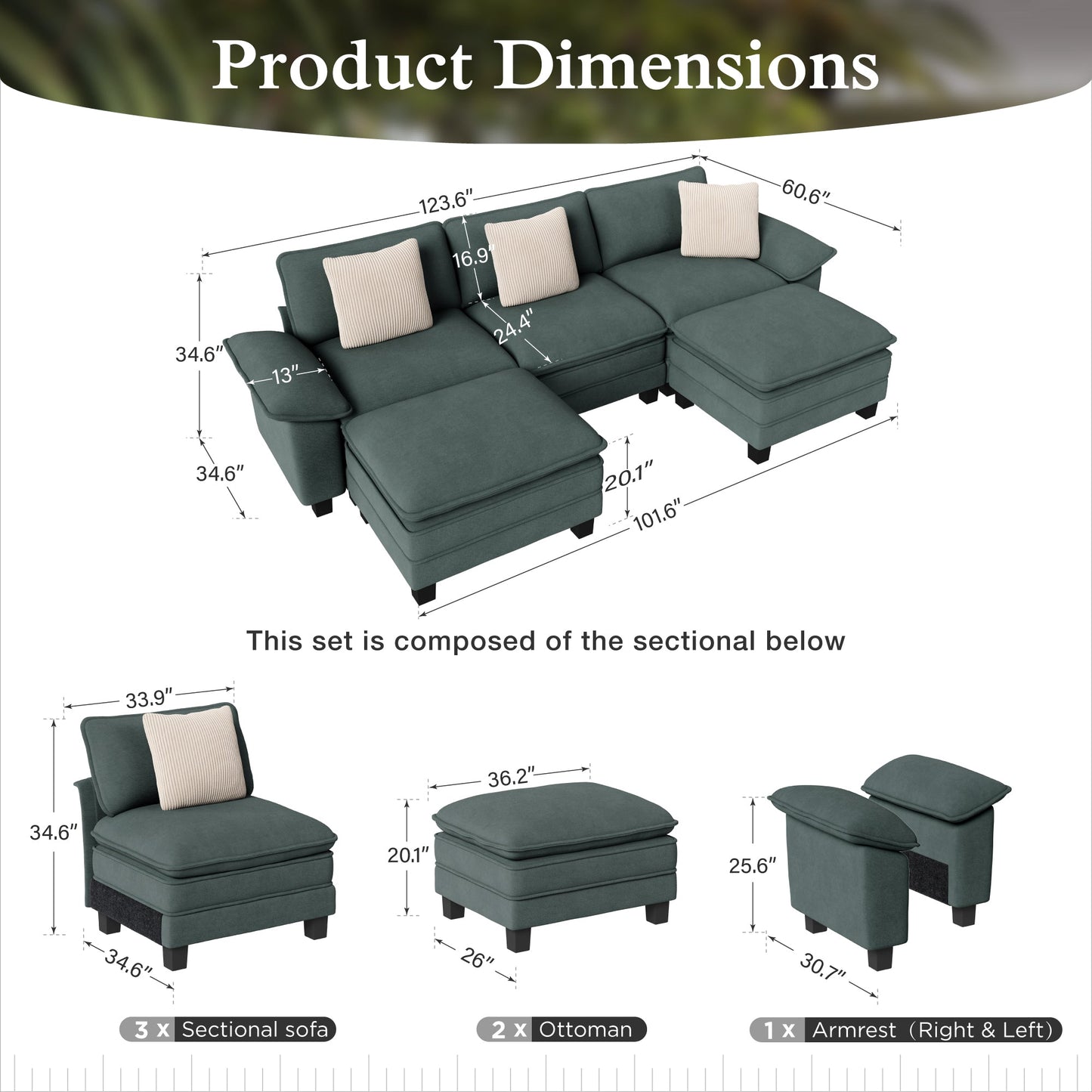 Sophia&William 123.6"L Convertible Chenille Sectional Sofa Couch, Modern 5-Seat Deep Sofa Modular with 3 Pillows & 2 Ottomans, Pillows for Living Room,Green