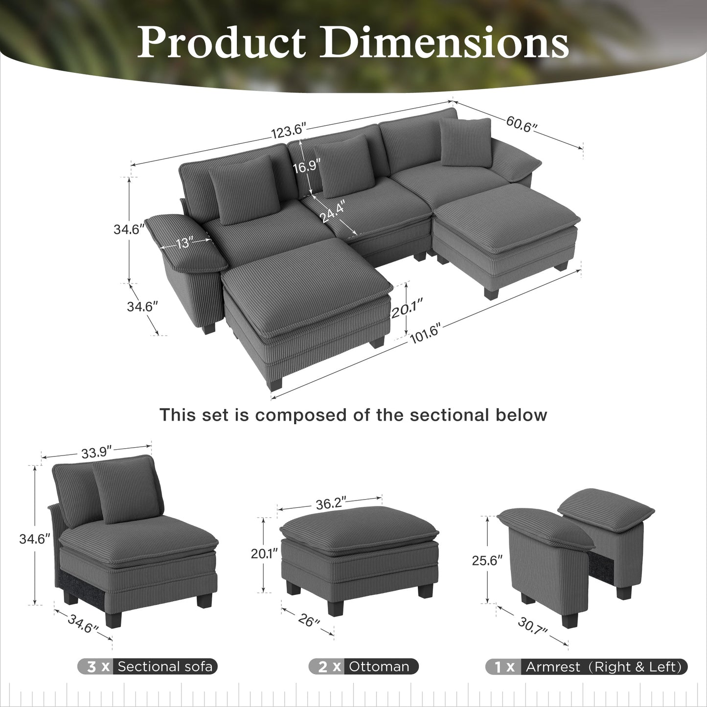 Sophia&William 123.6"L Convertible Corduroy Sectional Sofa Couch, Modern 5-Seat Mudolar Couch with Ottomans, Pillows for Living Room,Gray