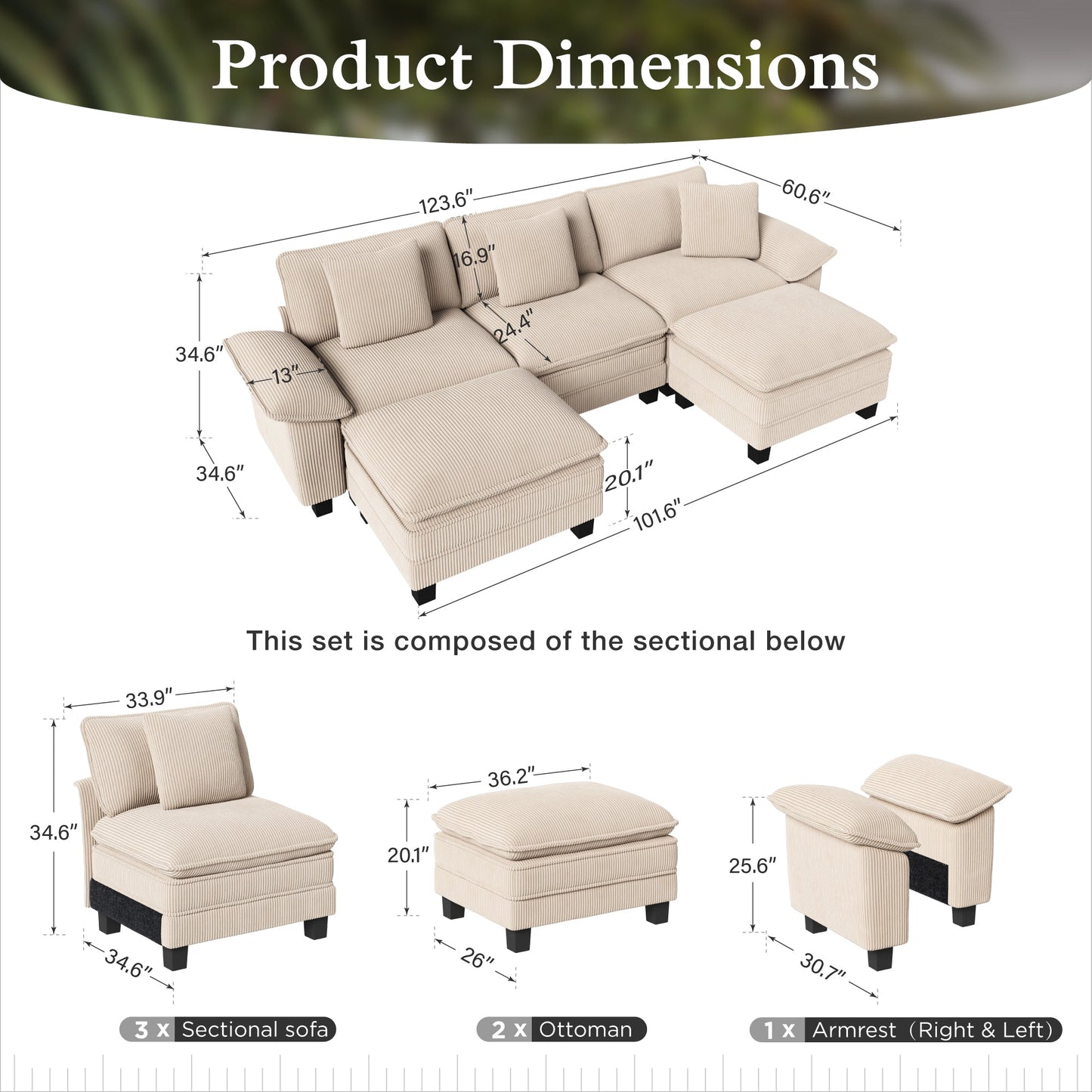 Sophia&William 123.6"L Convertible Chenille Sectional Sofa Couch, Modern 5-Seat Deep Sofa Modular with 3 Pillows & 2 Ottomans, Pillows for Living Room,Beige