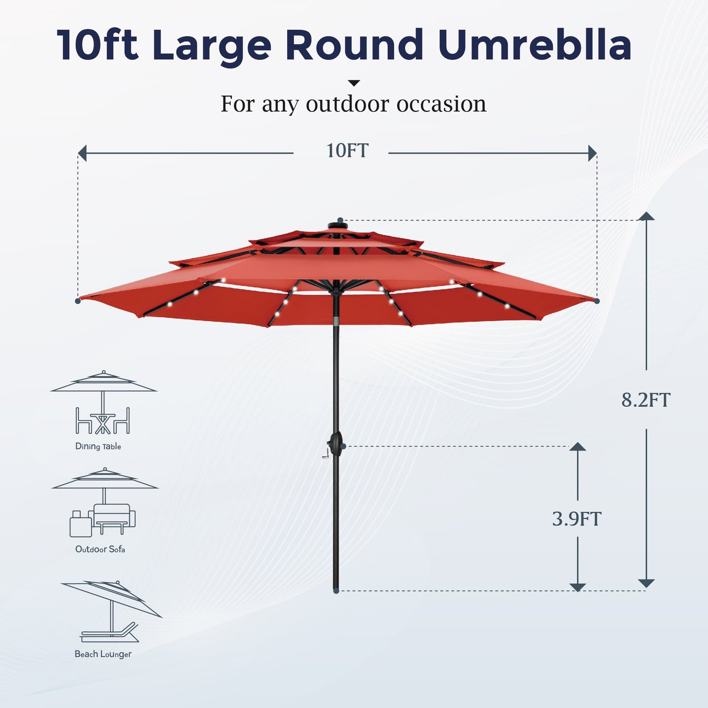 Alpha Joy 10ft 3-Tier Auto-Tilt Patio Umbrella, Steel Pole & Ribs ¨C Double Vented, Solar Lights, Orange Red