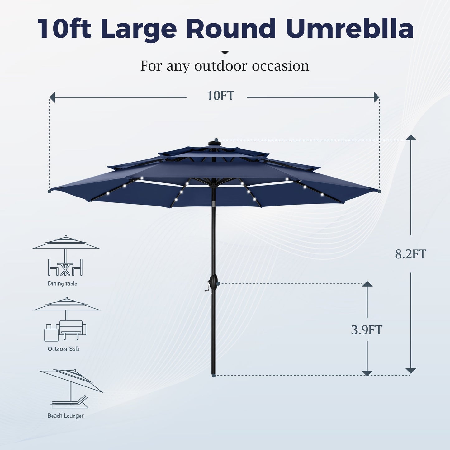 Alpha Joy 10ft 3 Tier Auto-tilt Outdoor Patio Umbrella Beach Garden Double Vented Table Umbrella with Solar Lights, Navy Blue