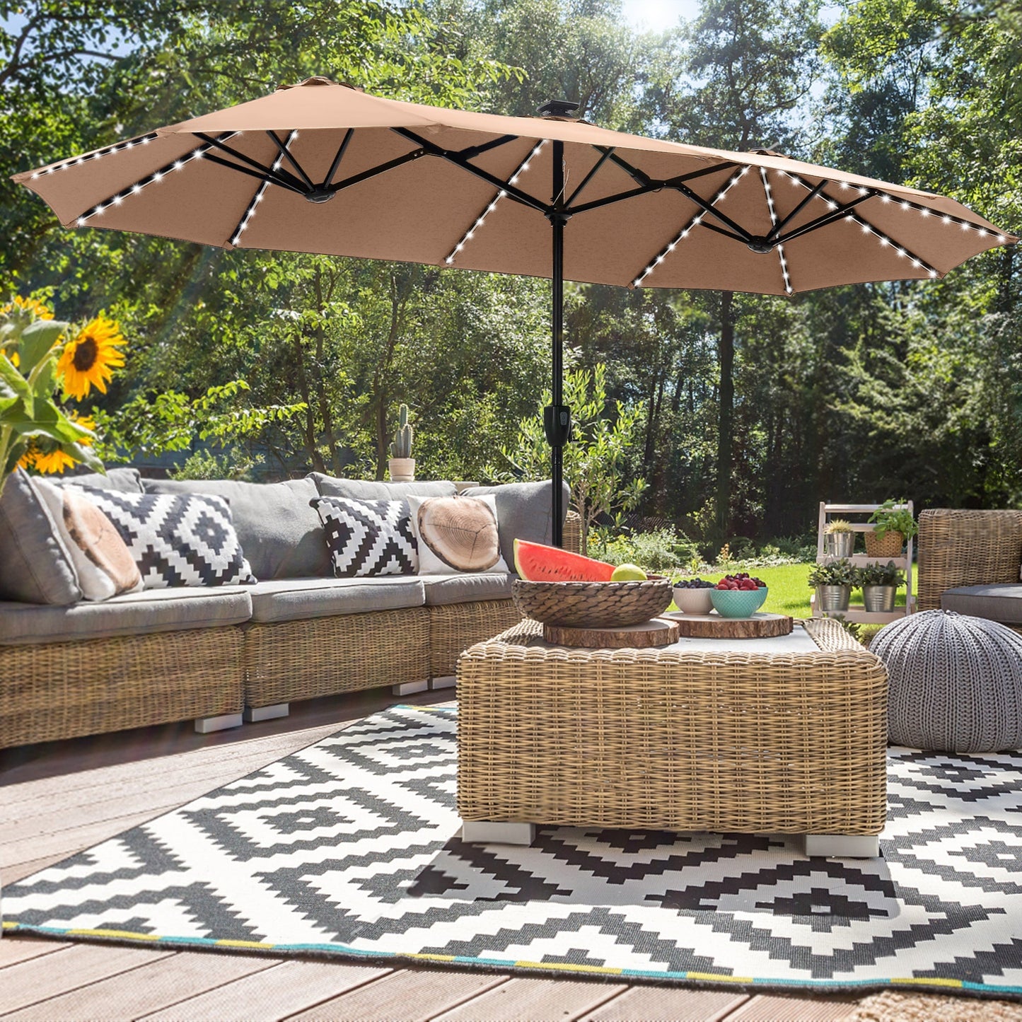 Alpha Joy 13ft Large Double-Sided Outdoor Patio Umbrella with Colorful Solar Lights, Beige