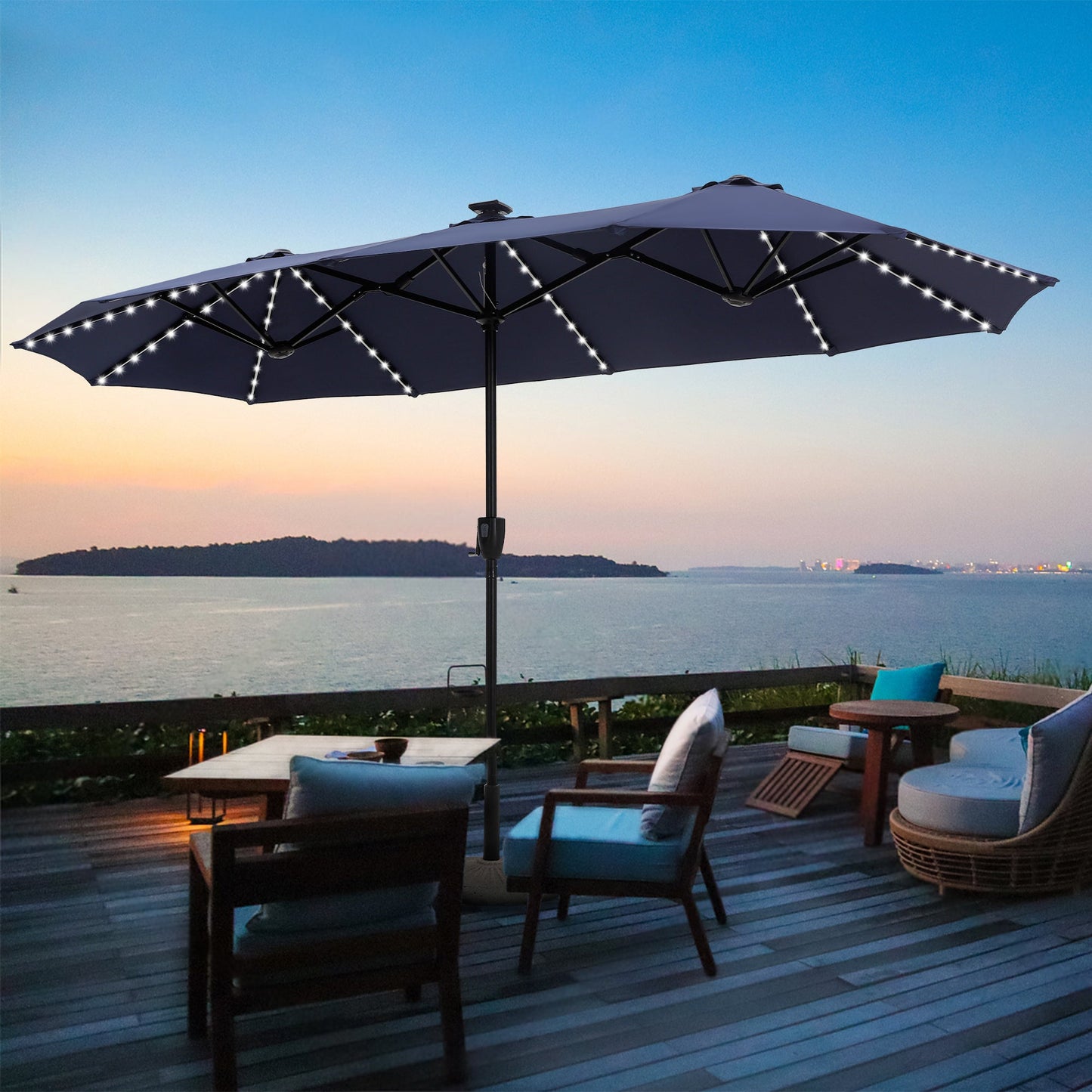 Alpha Joy 13ft Large Double-Sided Outdoor Patio Umbrella with Colorful Solar Lights, Navy Blue