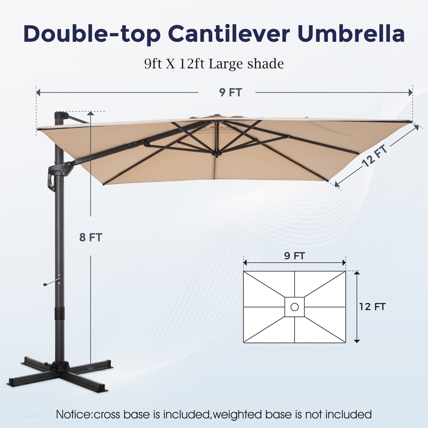Alpha Joy 12x9ft Outdoor Patio Umbrella 360° Rotation Large Rectangle Offset Cantilever Double Umbrella with Crank Handle & 6 Tilt, Beige