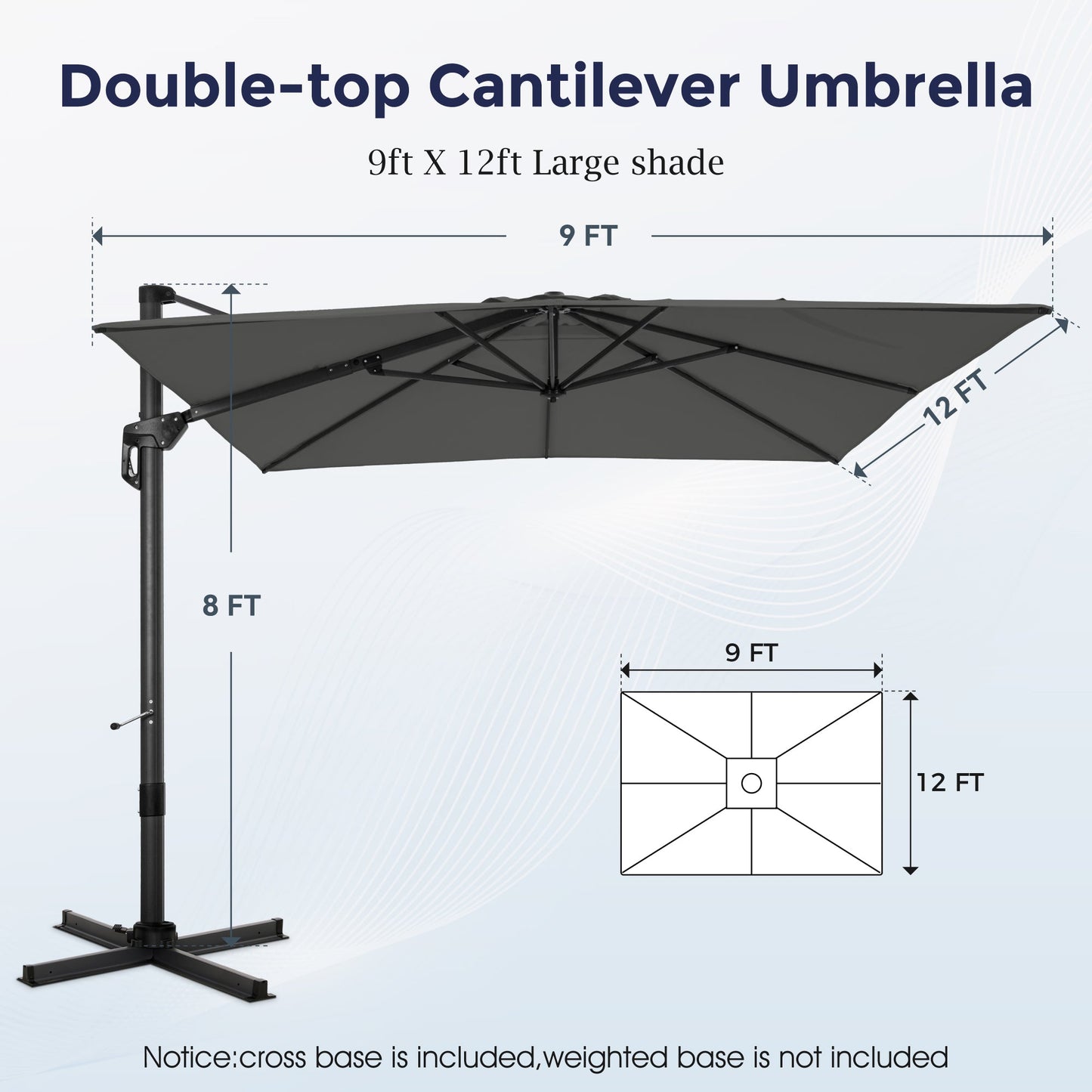 Alpha Joy 12x9ft Outdoor Patio Umbrella 360° Rotation Large Rectangle Offset Cantilever Double Umbrella with Crank Handle & 6 Tilt, Charcoal Gray