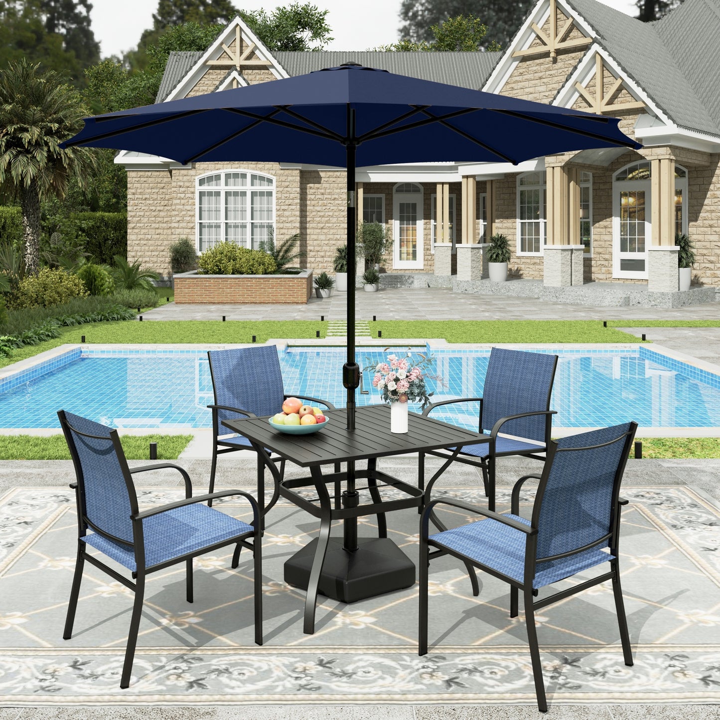 Sophia & William 6-Piece Outdoor Patio Dining Set with 9ft Navy Umbrella, Metal Steel Square Table & 4 Textilene Chairs for Backyards,Blue