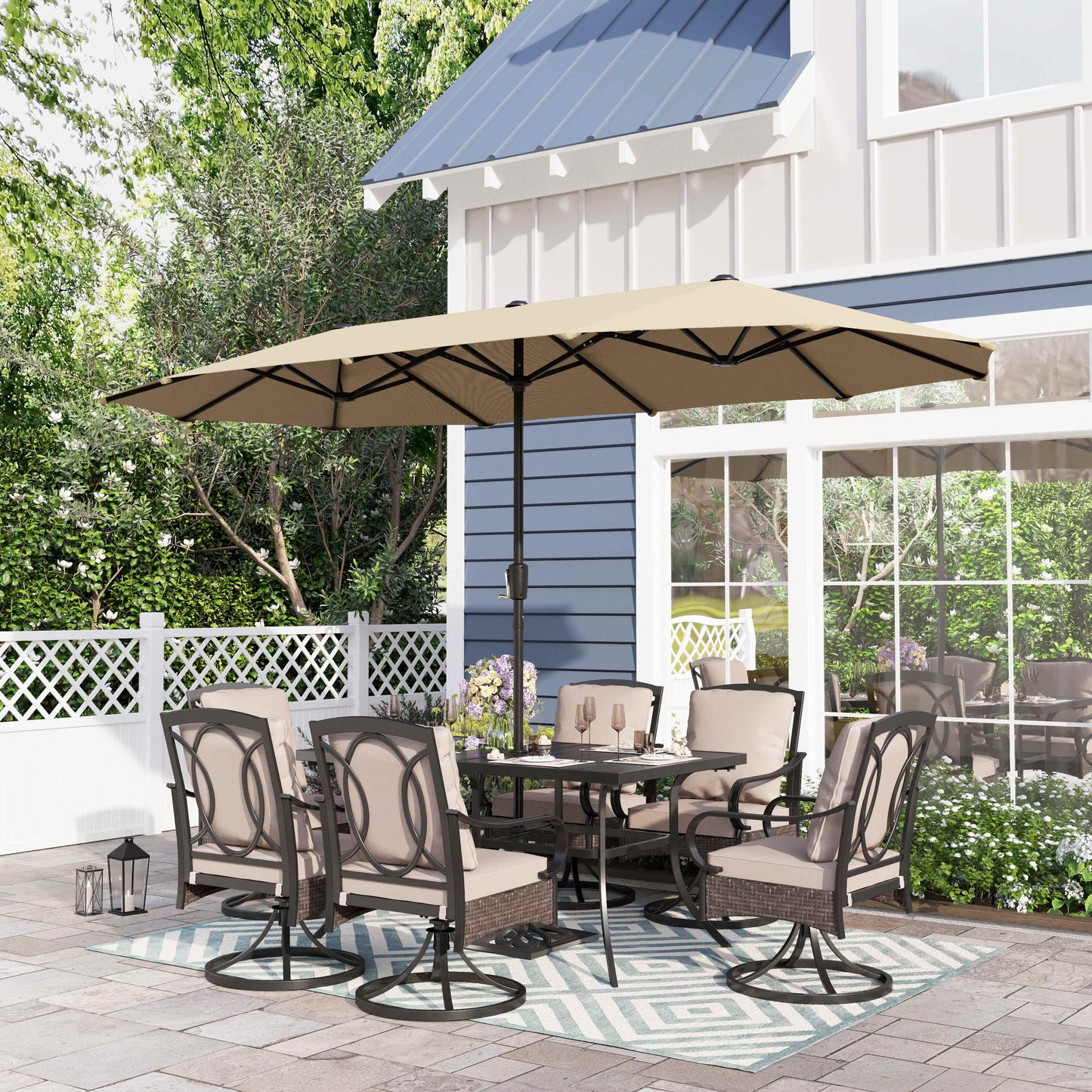 Sophia & William 8-Piece Outdoor Patio Dining Set with 13 ft Beige Umbrella, Rattan Chairs & Rectangle Table for 6-person