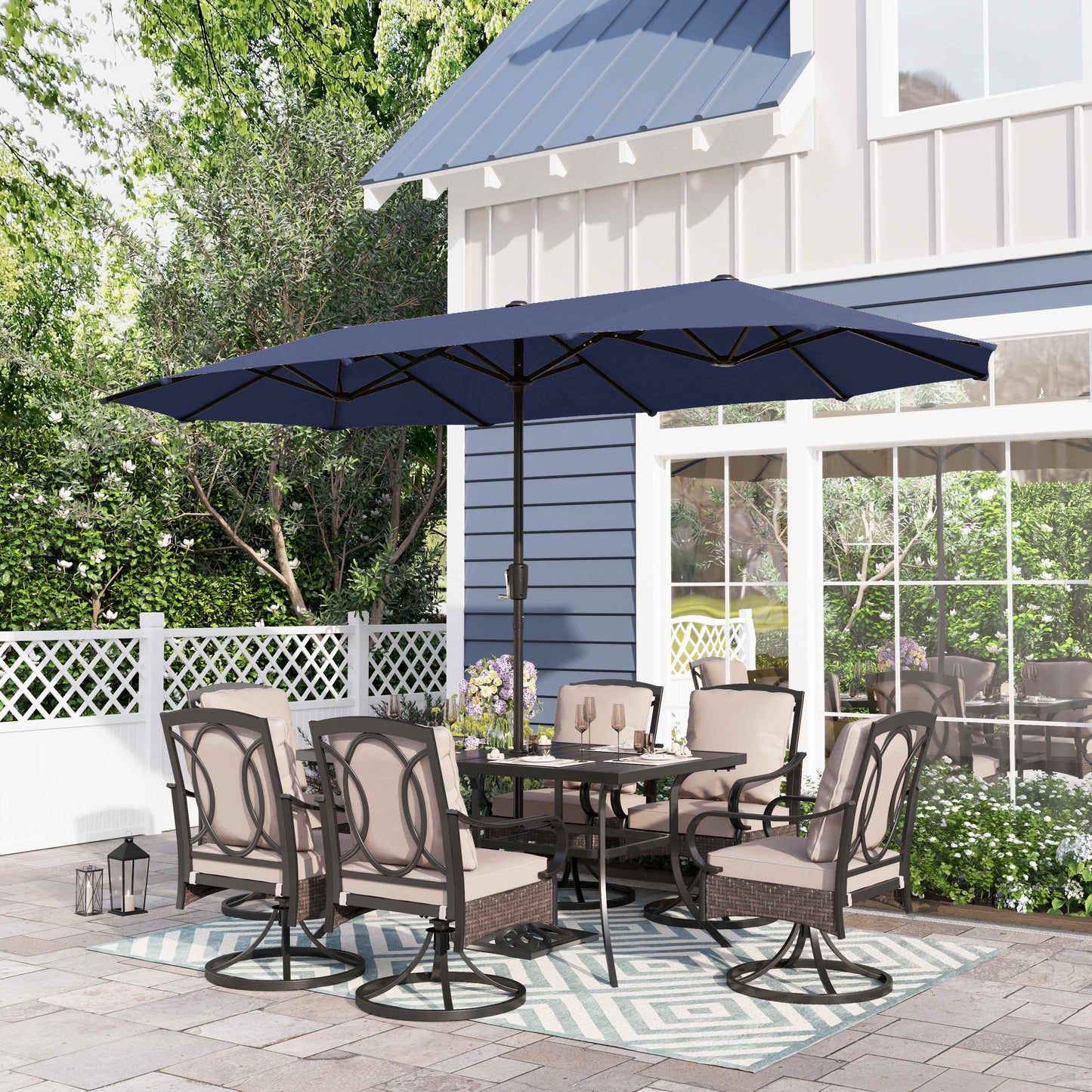 Sophia & William 8-Piece Outdoor Patio Dining Set with 13 ft Navy Umbrella, Rattan Chairs & Rectangle Table for 6-person
