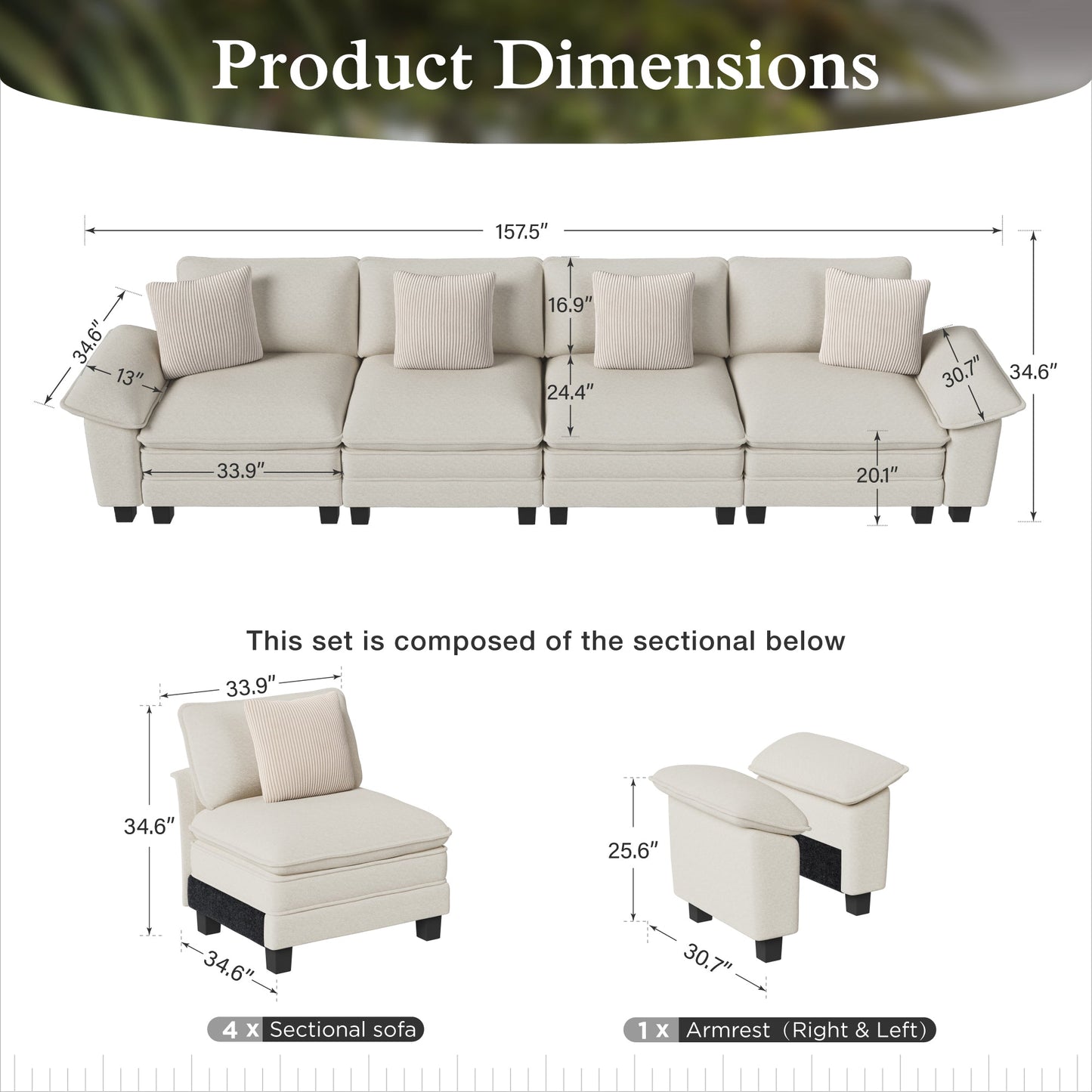 Sophia&William Convertible Sectional Sofa Couch, Modern Chenille Couch 4-Seat 24.4"W Deep Sofa Modular with 4 Pillows for Living Room,White