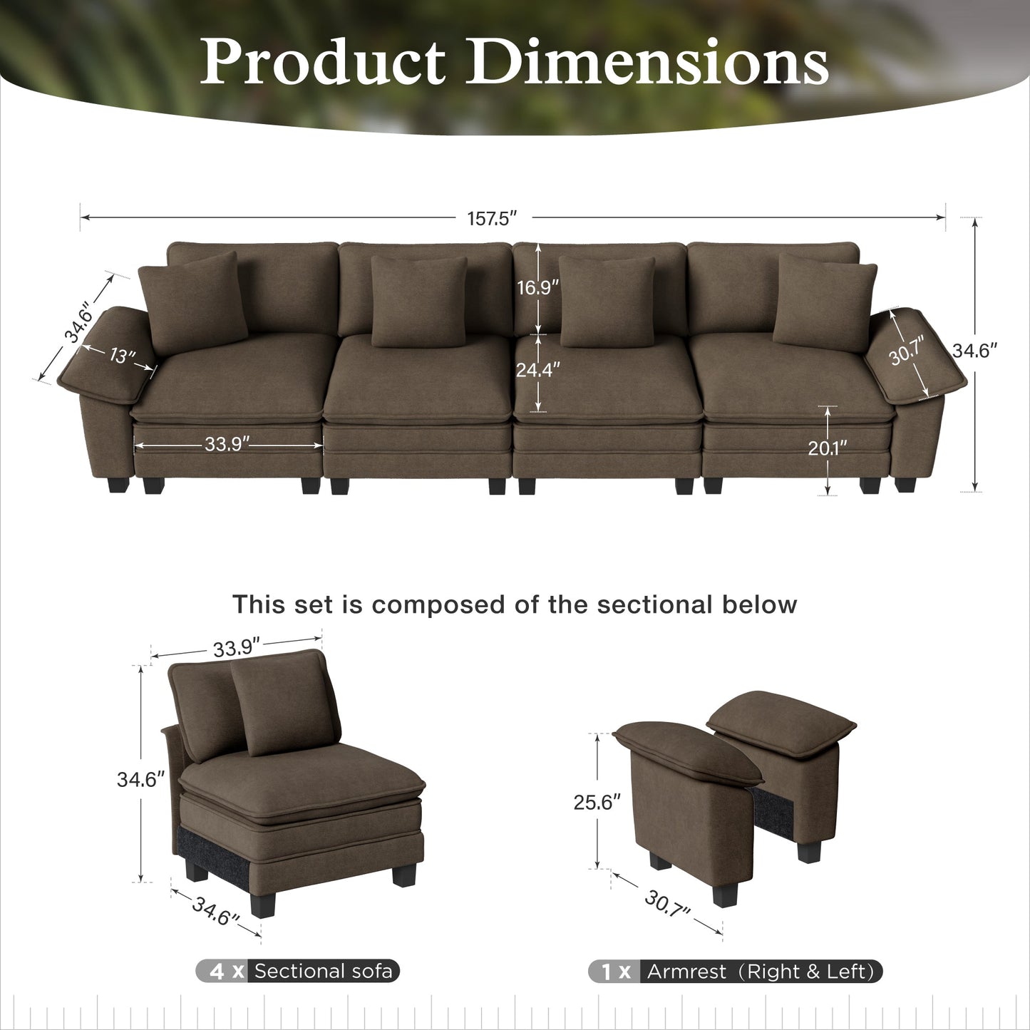 Sophia&William Convertible Sectional Sofa Couch, Modern Chenille Couch 4-Seat 24.4"W Deep Sofa Modular with 4 Pillows for Living Room,Brown