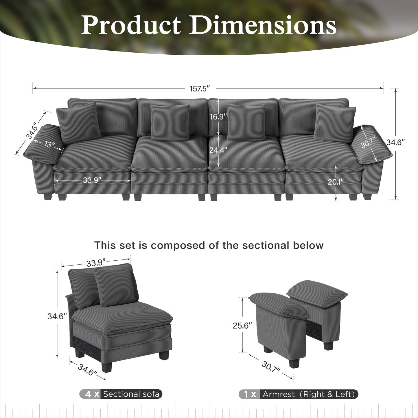 Sophia&William Modular Sectional Sofa Sets, Modern Corduroy Cloud Couch 4-Seat Cloud Sofa with Throw Pillows for Living Room,Gray