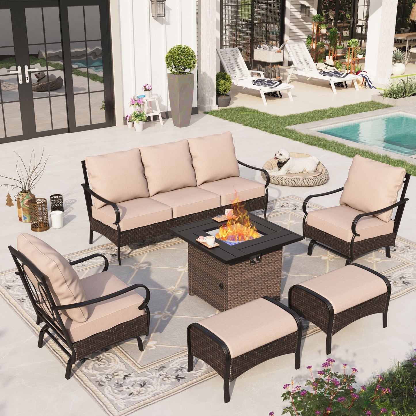 Sophia & William 6 Piece Outdoor Conversation Set 7-Seat Steel Furniture Set with 32" Fire Pit Table and Spring Rocking Chairs