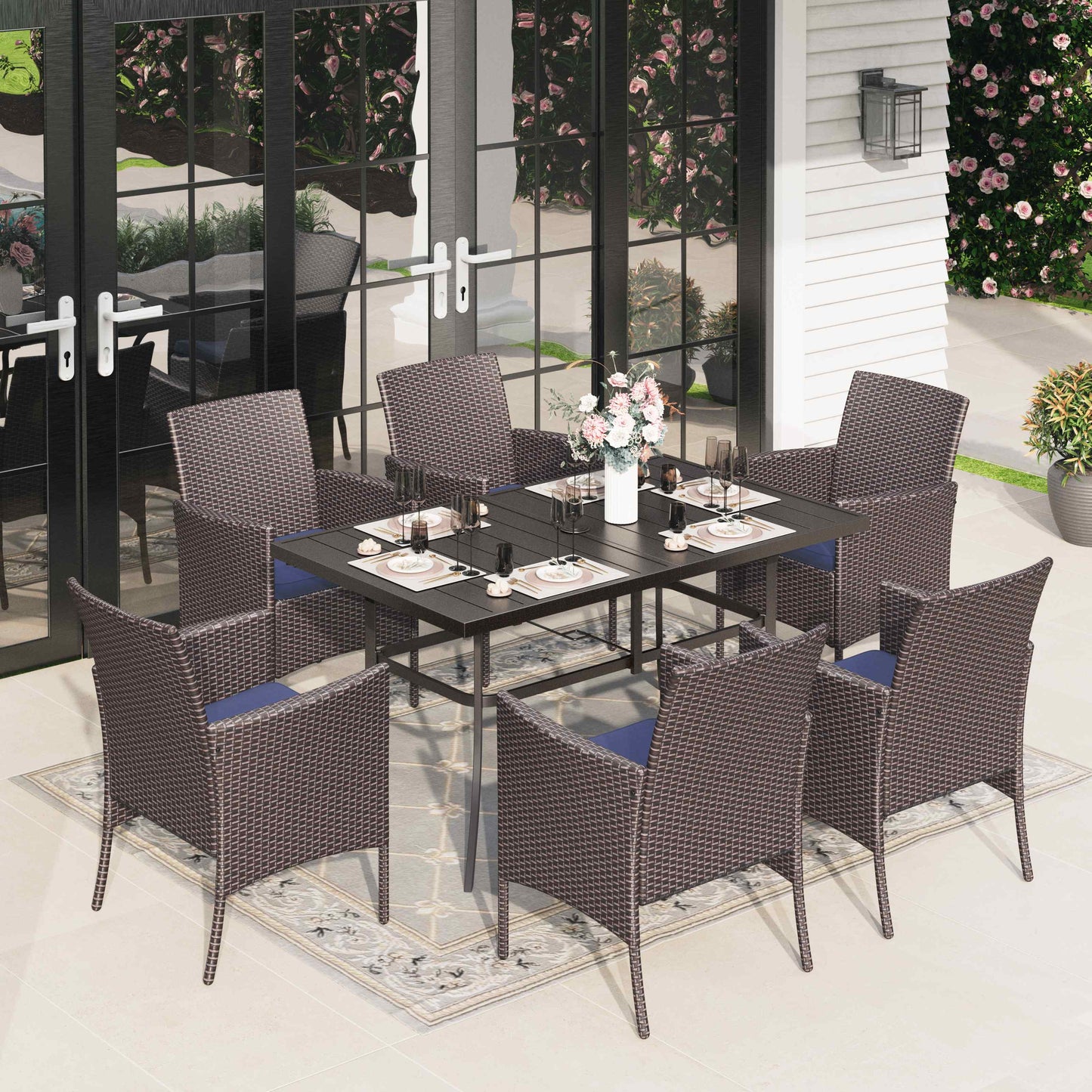 Sophia & William 7 Pieces Outdoor Patio Dining Set with 6Pcs Rattan Chairs and 1Pc Rectangular Metal Dining Table