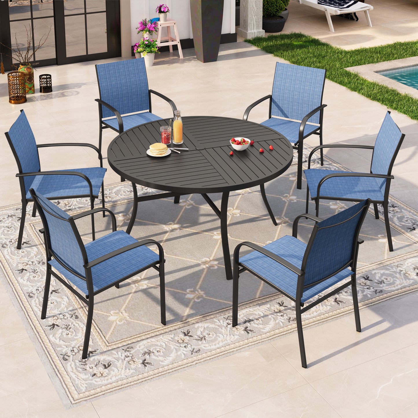 Sophia & William 7 Piece Patio Dining Set Metal Round Table Set with 4 Textilene Chairs - Blue