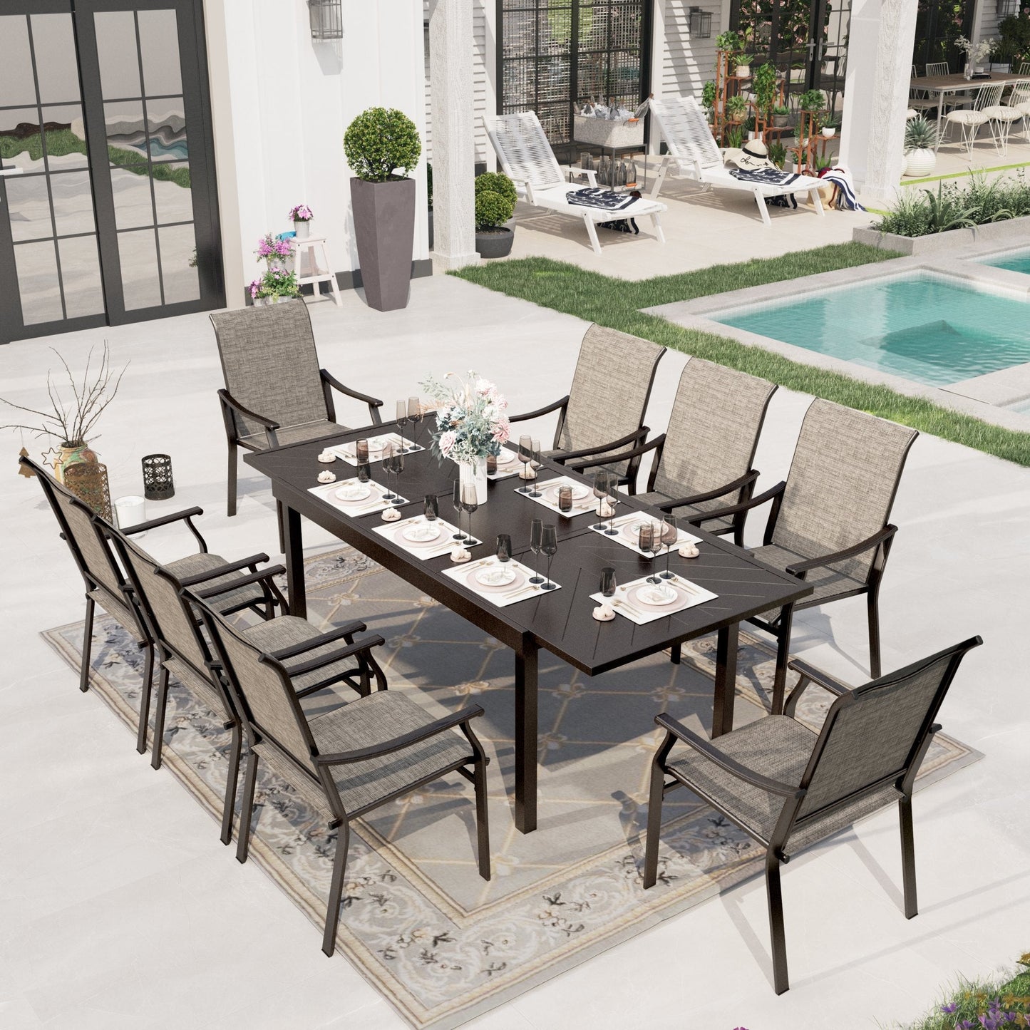 Sophia & William 9 Pieces Outdoor Patio Dining Set Textilene Chairs & Extendable Steel Table Set for 8-person