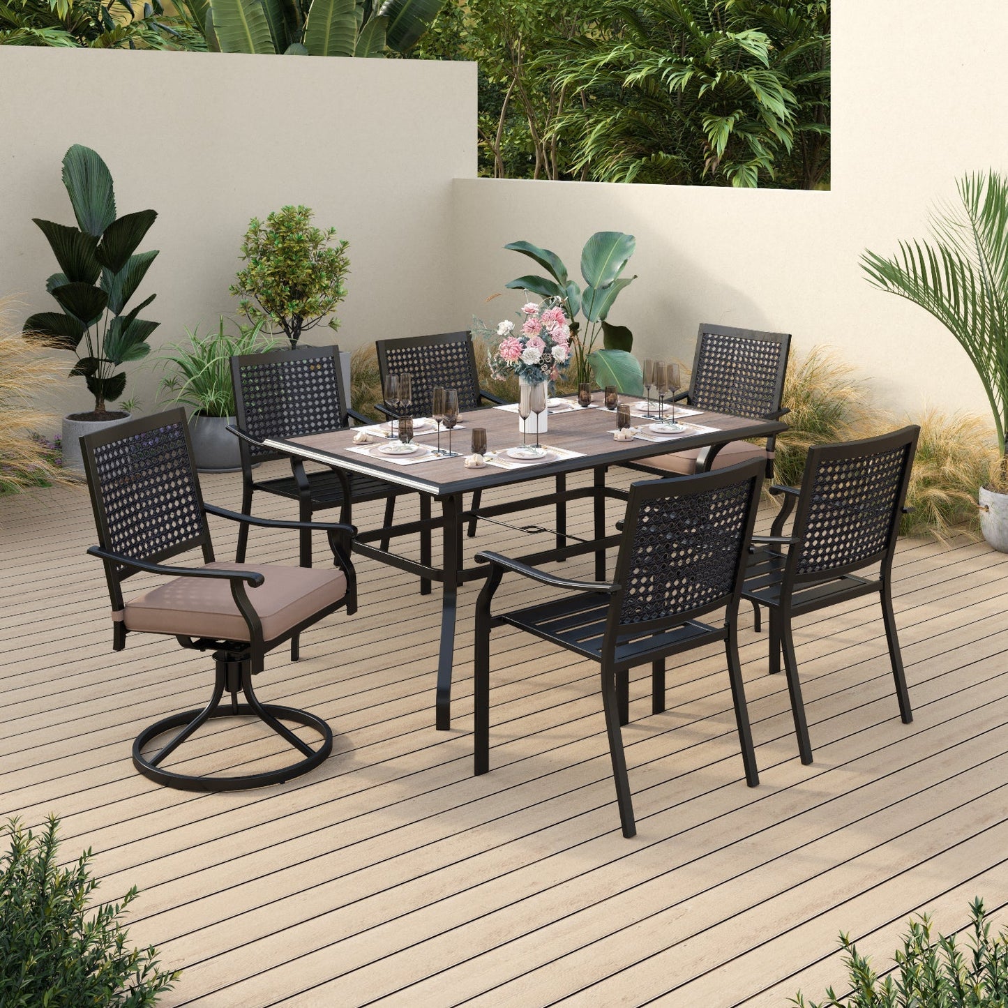 Sophia & William 7 Piece Outdoor Patio Dining Set with 1 Steel Retangular Table and 5 Metal Stackable Chairs&1 Swivel Dining Chair