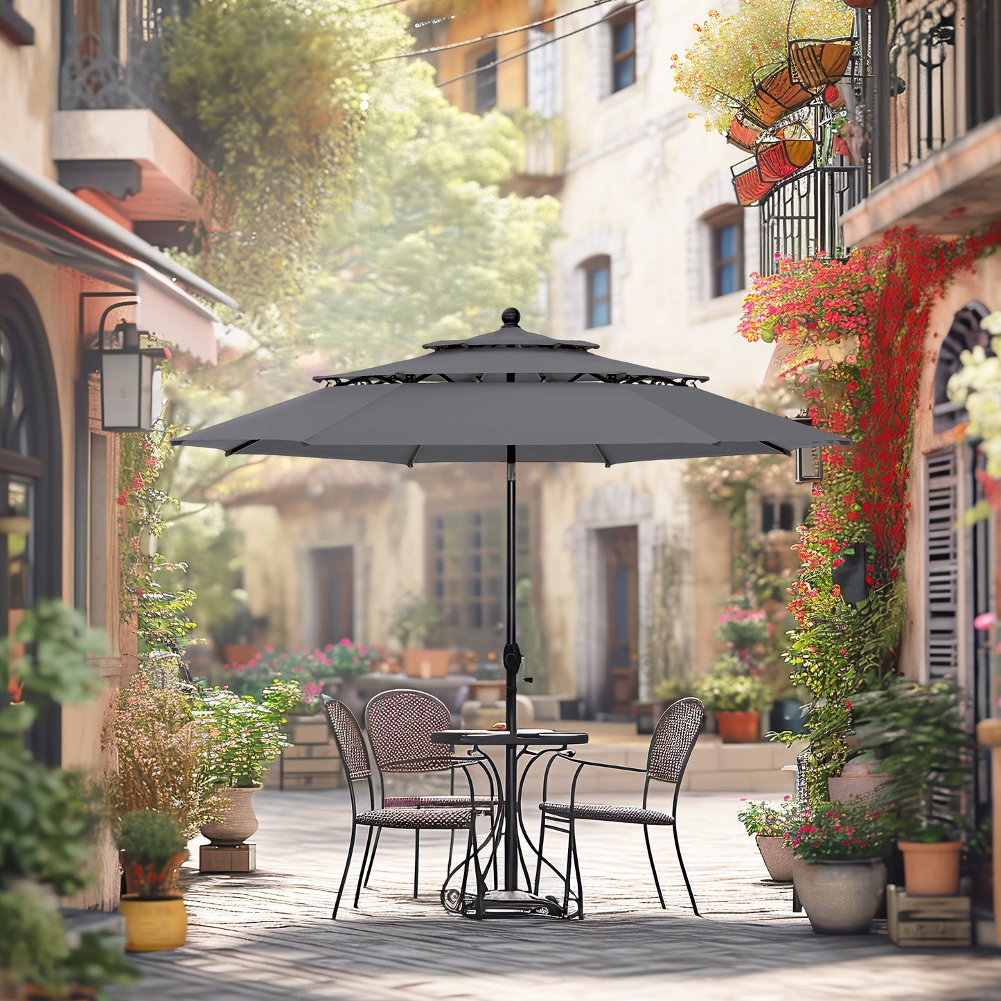 Alpha Joy 10ft 3 Tier Auto-Tilt Outdoor Patio Umbrella Beach Garden Double Vented Table Umbrella with Push Button and Crank, Smoky Gray