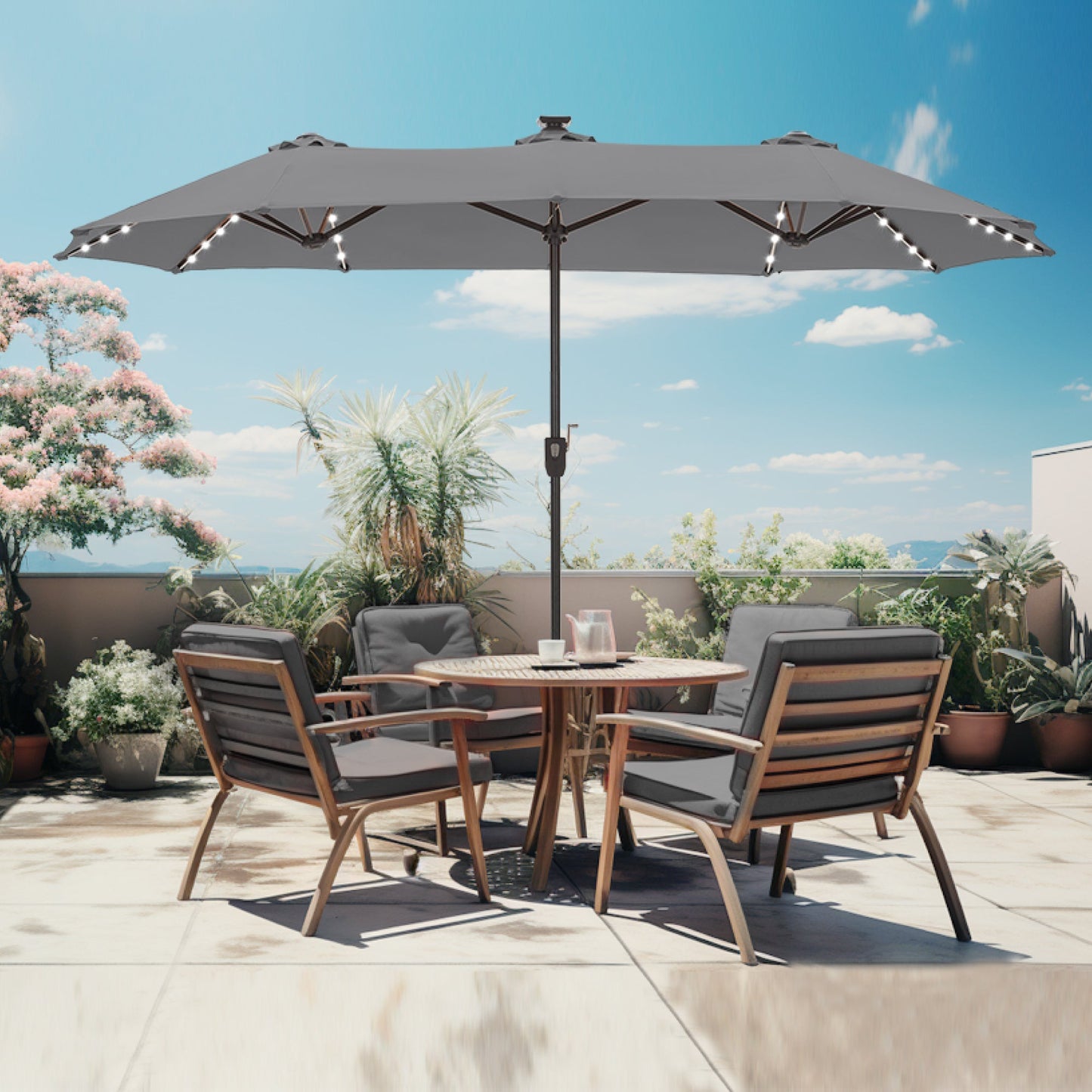 Alpha Joy 13ft Large Double-Sided Outdoor Patio Umbrella with Colorful Solar Lights, Smoky Gray