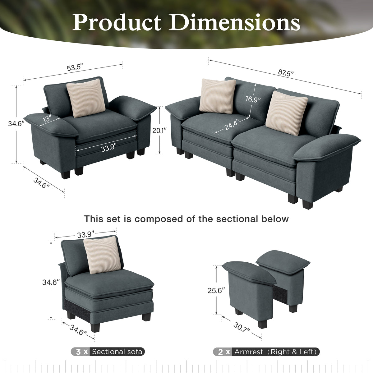Sophia&William 3-Seat Modular Sectional Sofa Sets, Oversized Chenille Cloud Couch with Deep Seat & 3 Throw Pillows for Living Room,Blue
