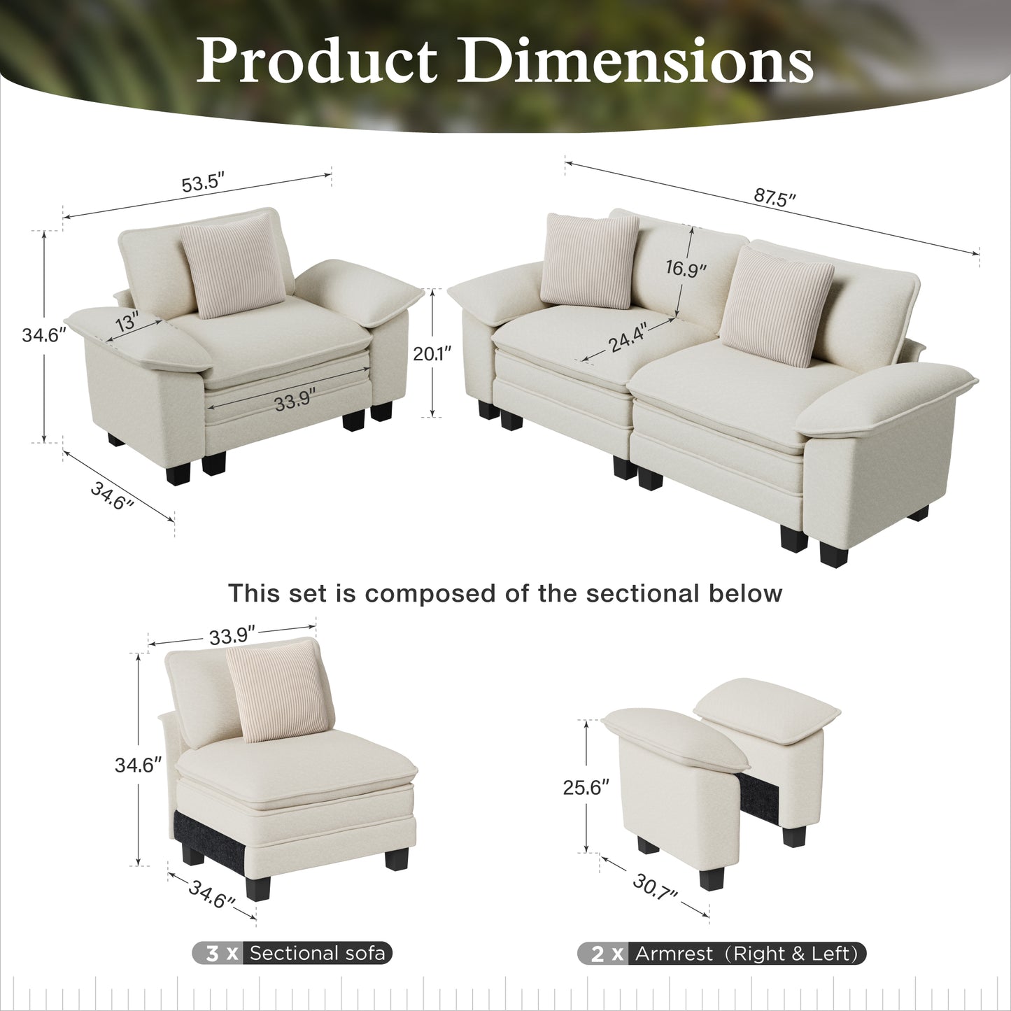 Sophia&William 3-Seat Modular Sectional Sofa Sets, Oversized Chenille Couch Cloud Sofa with 3 Throw Pillows for Living Room,White