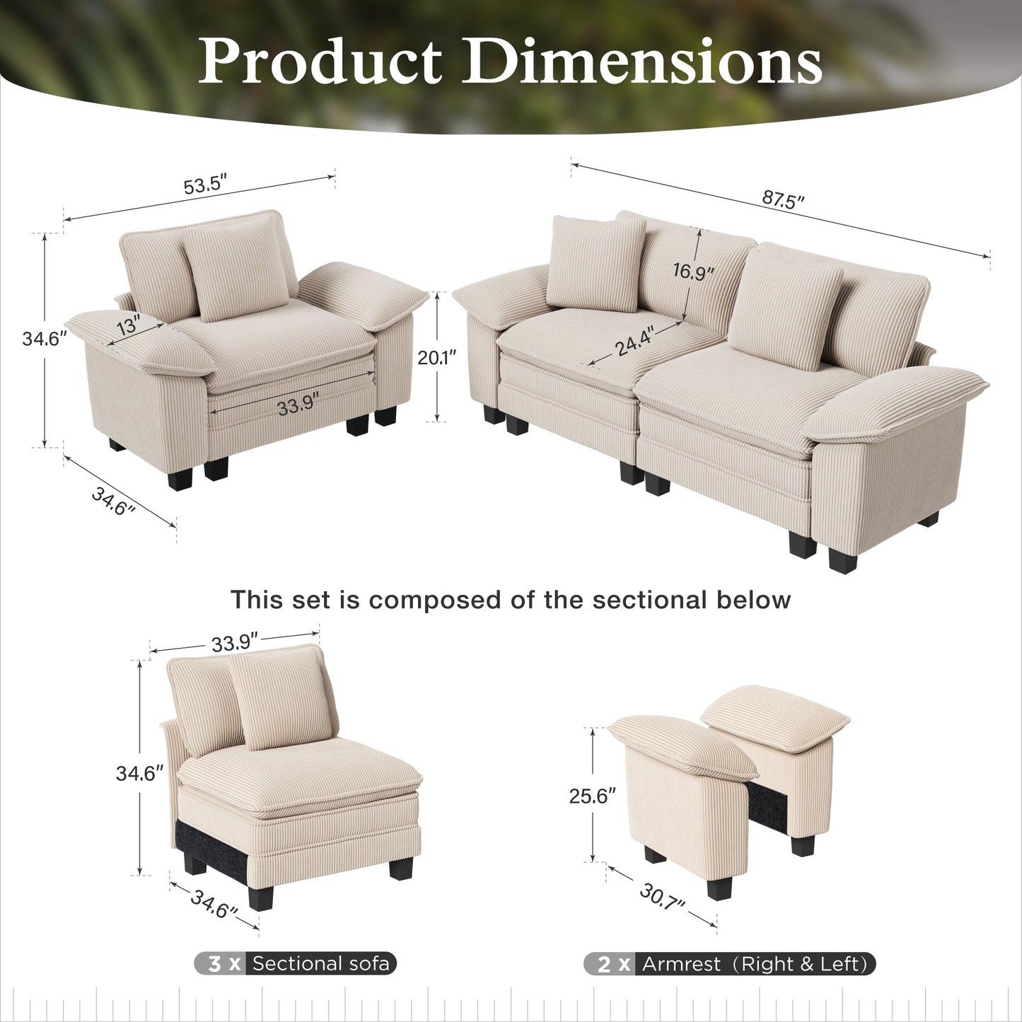 Sophia&William 3-Seat Convertible Sectional Sofa Couch, Modern Chenille Cloud Couch Sofa Modular Sectional with 3 Pillows for Living Room,Beige