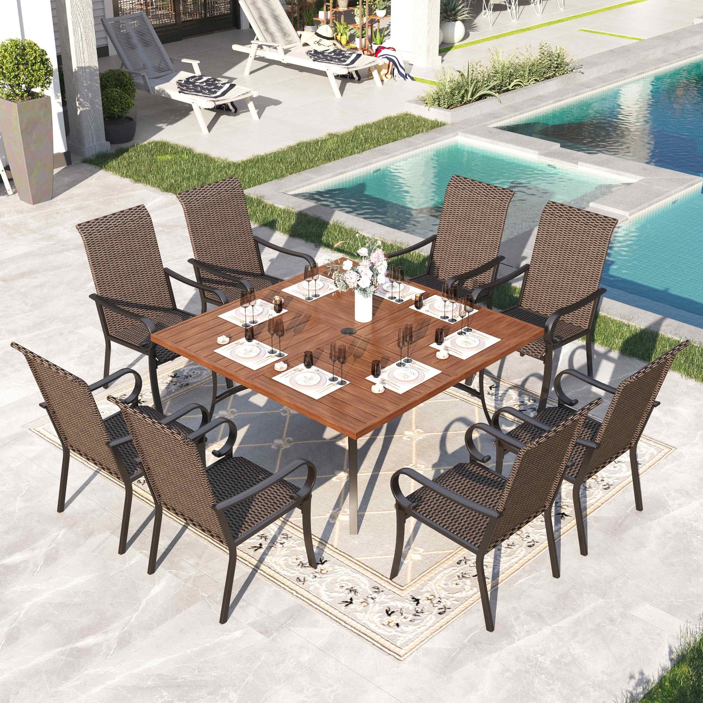 Sophia & William 9 Pieces Outdoor Patio Dining Set with Rattan Chairs & Square Table for 8 People