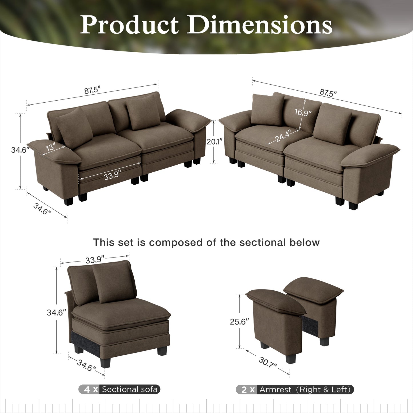 Sophia&William Convertible Sectional Sofa Couch, Modern Chenille Couch 4-Seat Deep Sofa Modular Sectional with 4 Pillows for Living Room,Brown