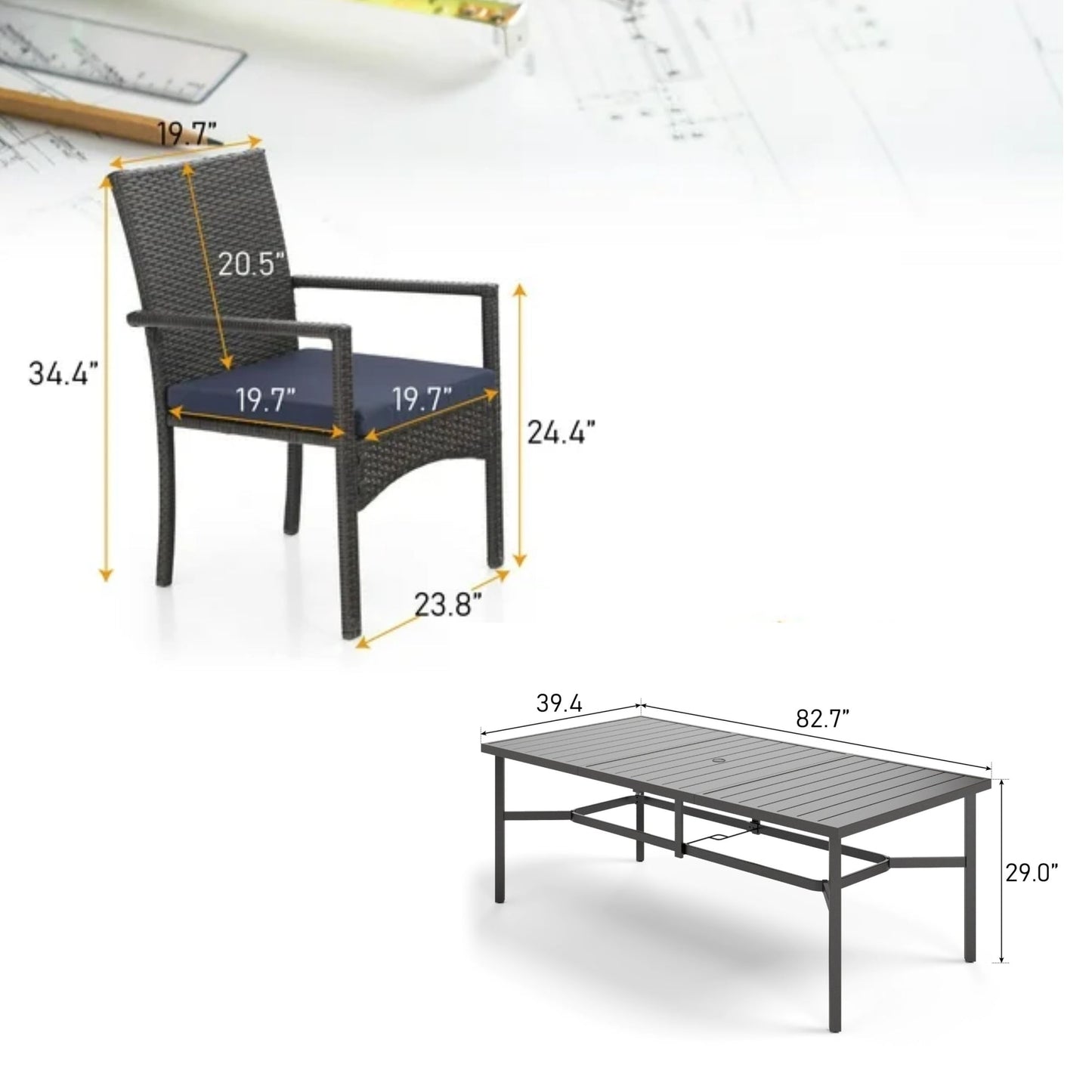 Sophia & William 9-Piece Outdoor Patio Dining Set with 1Pc Rectangular Metal Table and 8Pcs Rattan Chairs, Black & Navy Blue