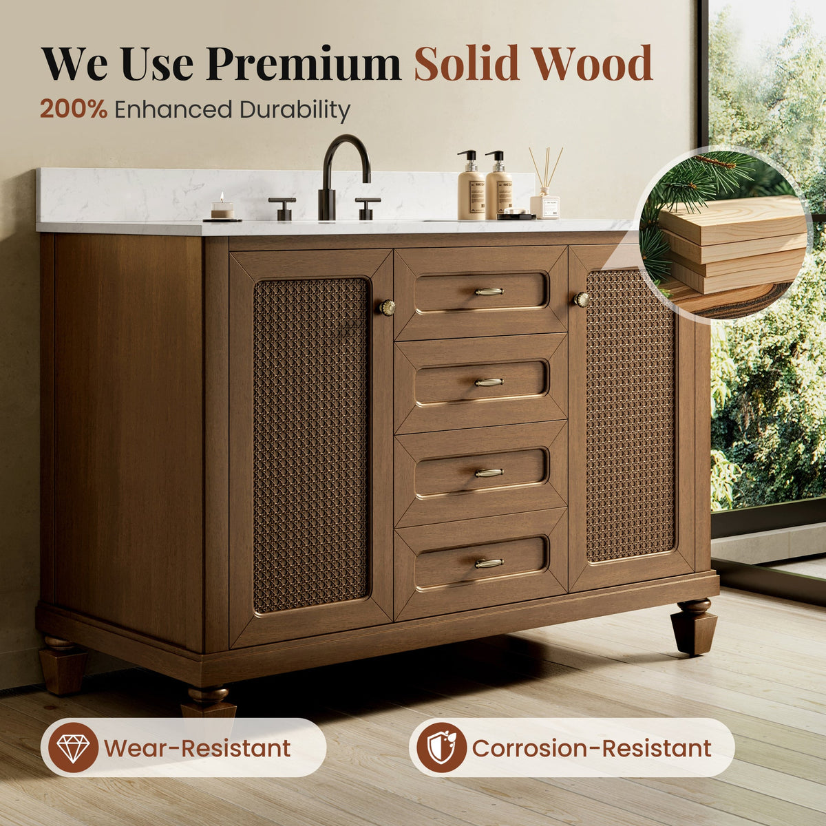 Sophia & William 48" Bathroom Vanity with Sink Freestanding Wood Bathroom Cabinet Vanity with 2 Doors of Adjustable Shlves, 1 Tip-out Drawers, 2 Pull-out Drawers and 1 Elevated Drawer, Hickory