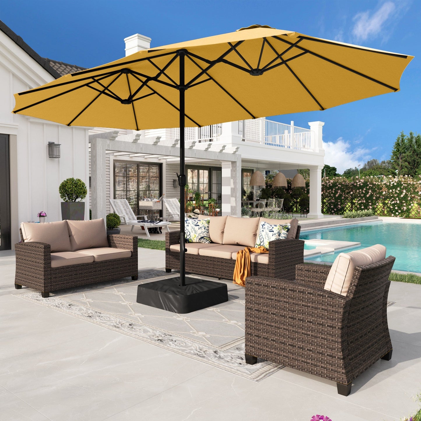 Alpha Joy 15ft Outdoor Patio Umbrella Extra-Large Double-Sided Garden Umbrella with Crank Handle and Base - Gold Yellow