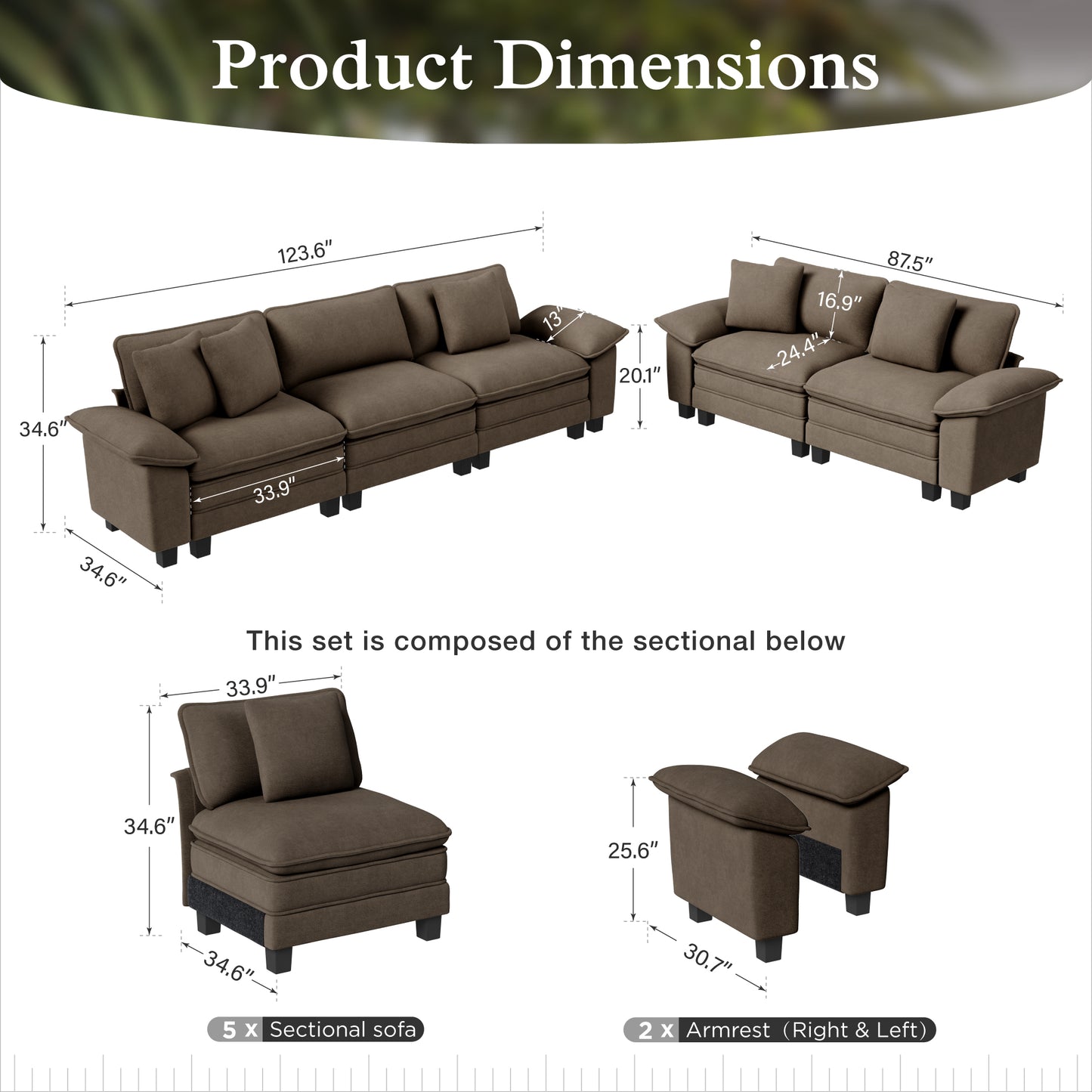 Sophia&William Sectional Sofa Sets, Oversized Cloud Couch Sofa Set 5-Seater Chenille Modular Sofa with 5 Pilliows & Deep Seat for Living Room, Grayish Brown