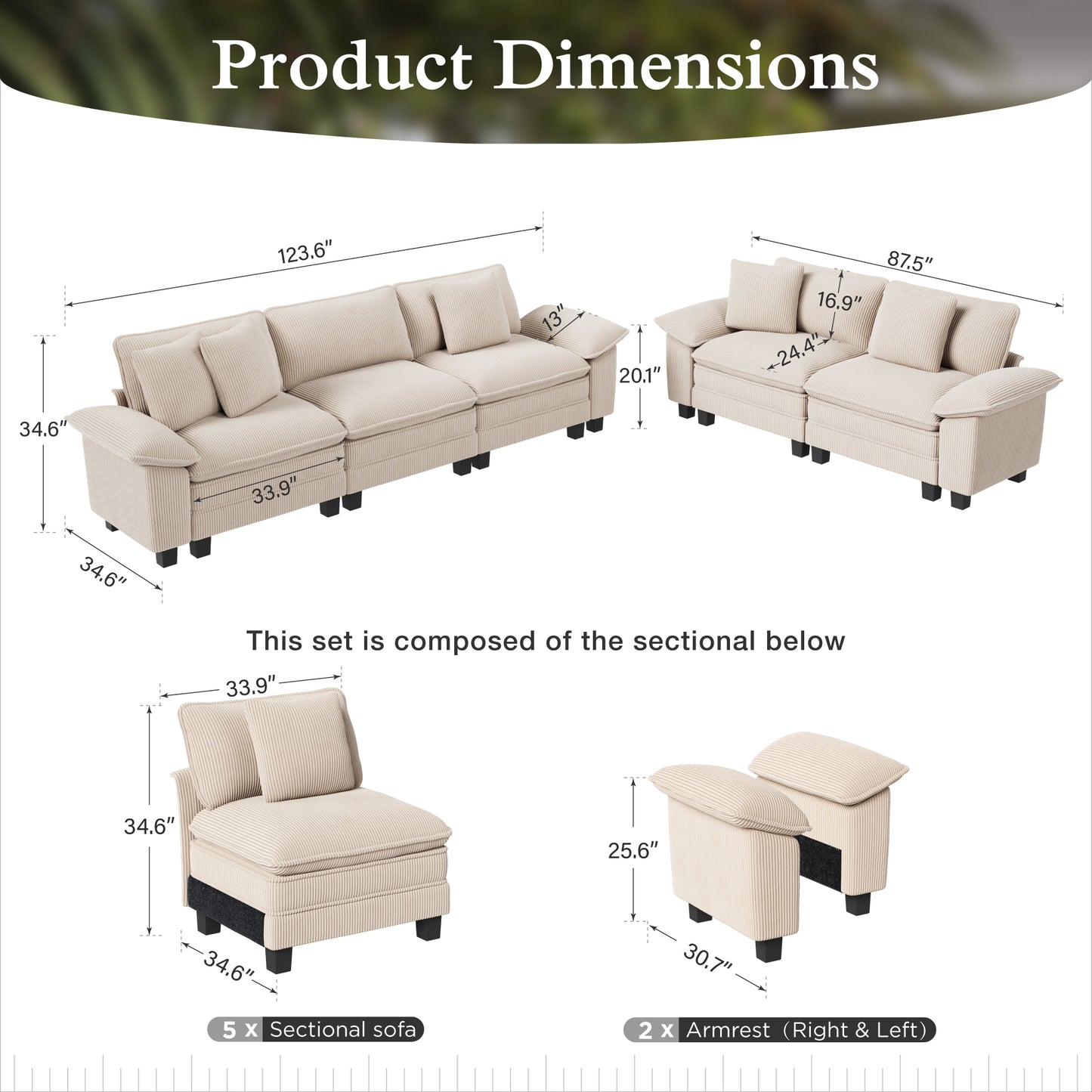Sophia&William Sectional Sofa Sets, Oversized Cloud Couch Sofa Set 5-Seater Corduroy Modular Sofa with 5 Pilliows & Deep Seat for Living Room, Beige