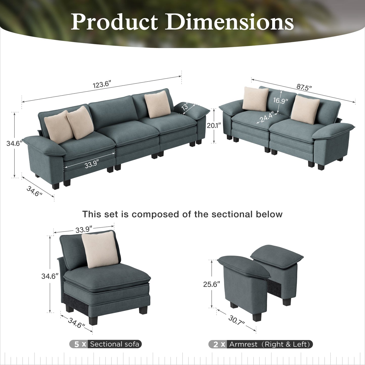 Sophia&William Convertible Sectional Sofa Couch, Modern Chenille Couch 5-Seat Deep Sofa Modular Sectional with 5 Pilliows for Living Room,Blue