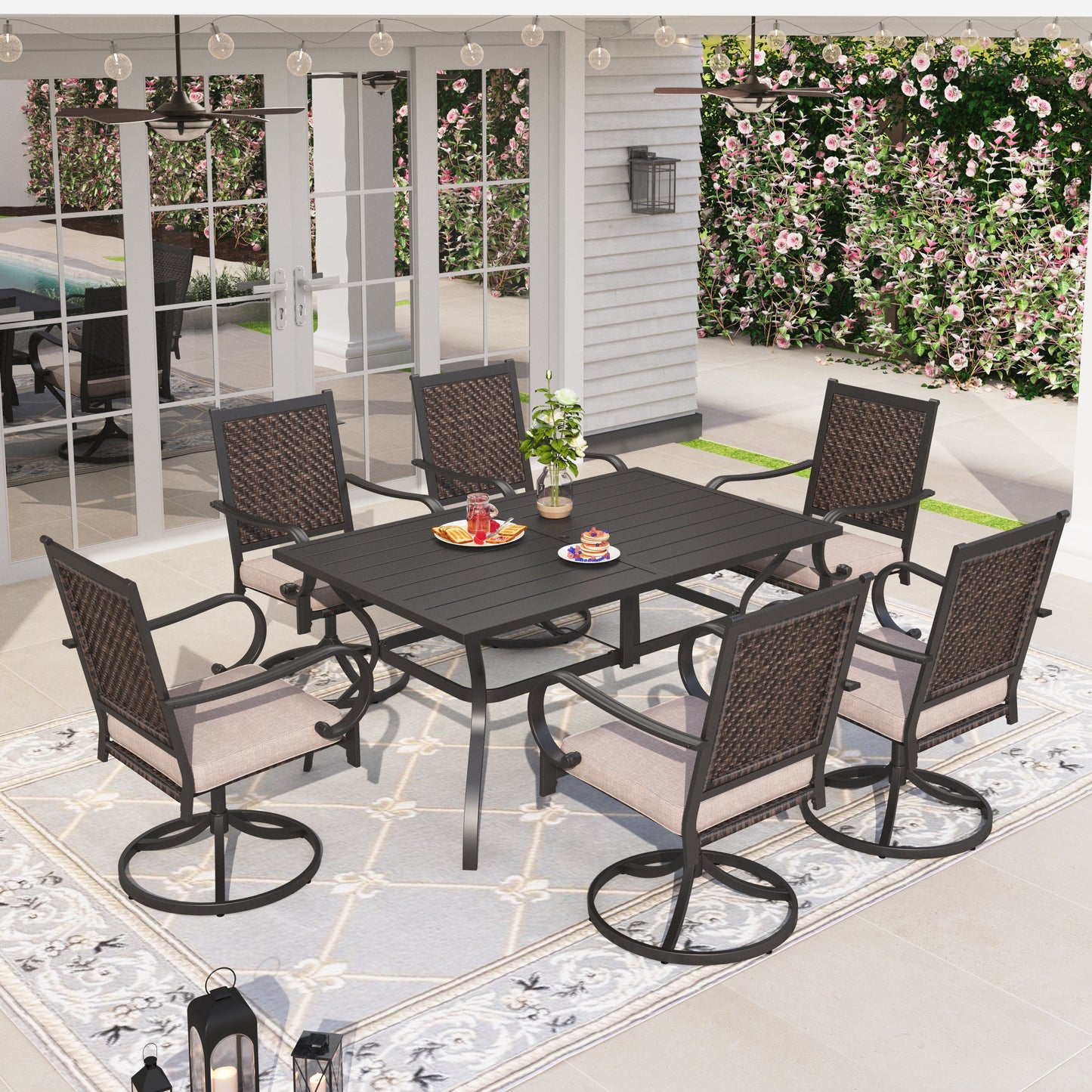 Sophia & William 7 Pieces Outdoor Patio Dining Set Wicker Swivel Chairs and Steel Table