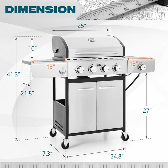 4-Burner Stainless Steel Propane Gas Grill with Side Burner