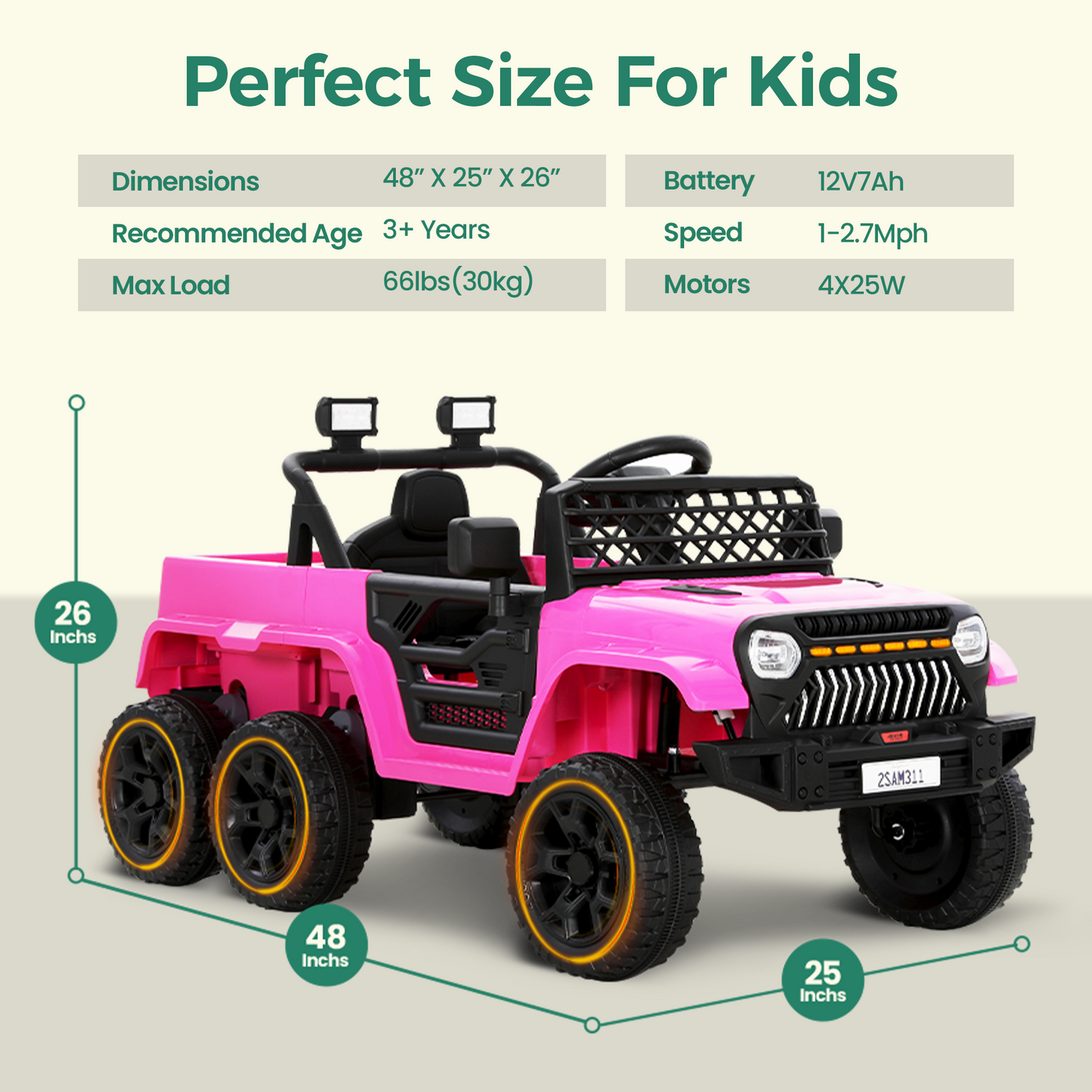 Alpha Joy Kids Ride on Truck 6-Wheel Electric Jeep Car with Remote Control Battery Powered Toy Car w/2WD/4WD Switch, LED Lights, Bluetooth Music, Pink