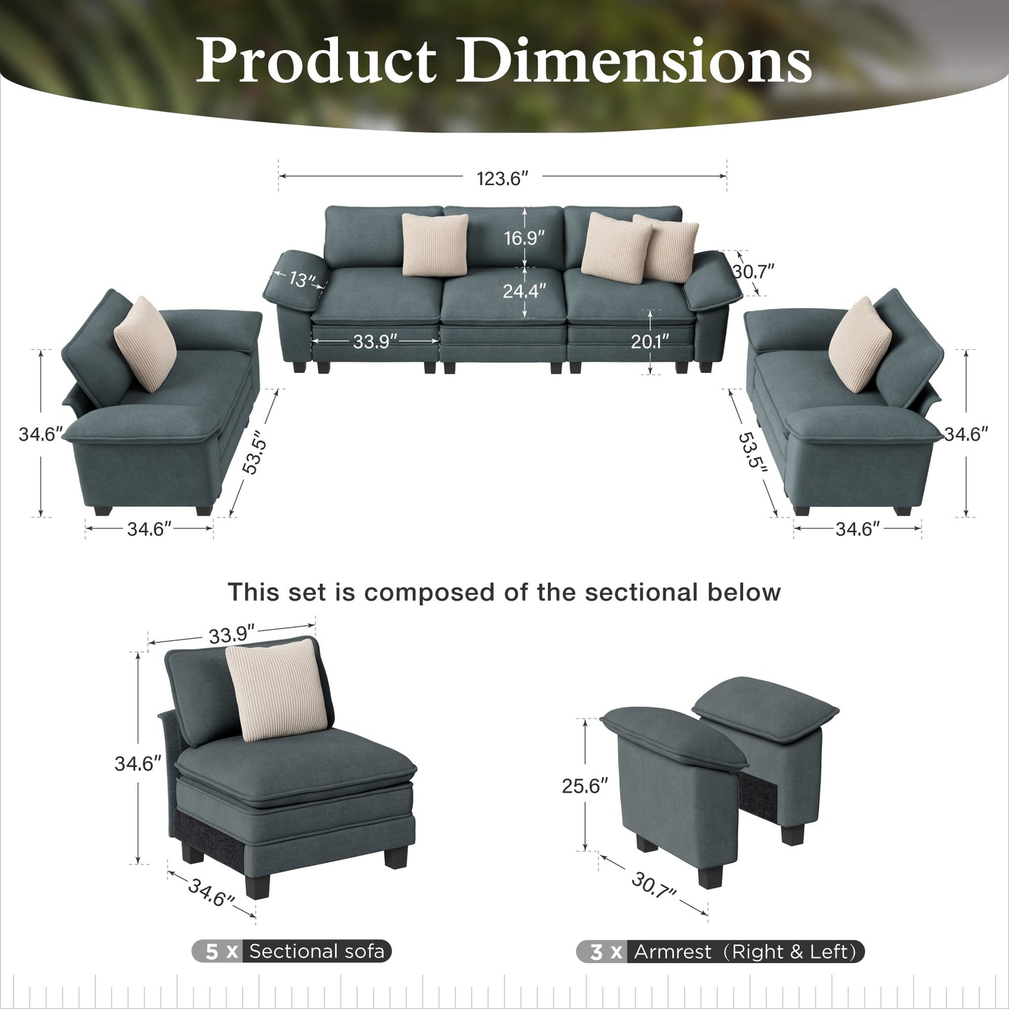 Sophia&William 123.6"L Convertible Sectional Sofa Couch, Modern Chenille Couch 5-Seat 24.4"W Deep Sofa Sectional with 5 Pillows for Living Room,Blue