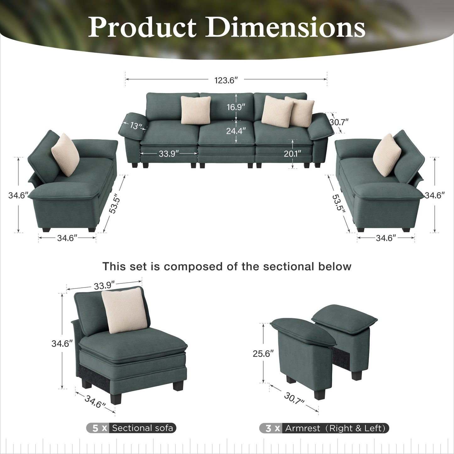 Sophia&William 123.6"L Convertible Sectional Sofa Couch, Modern Chenille Couch 5-Seat 24.4"W Deep Sofa Sectional with 5 Pillows for Living Room,Green