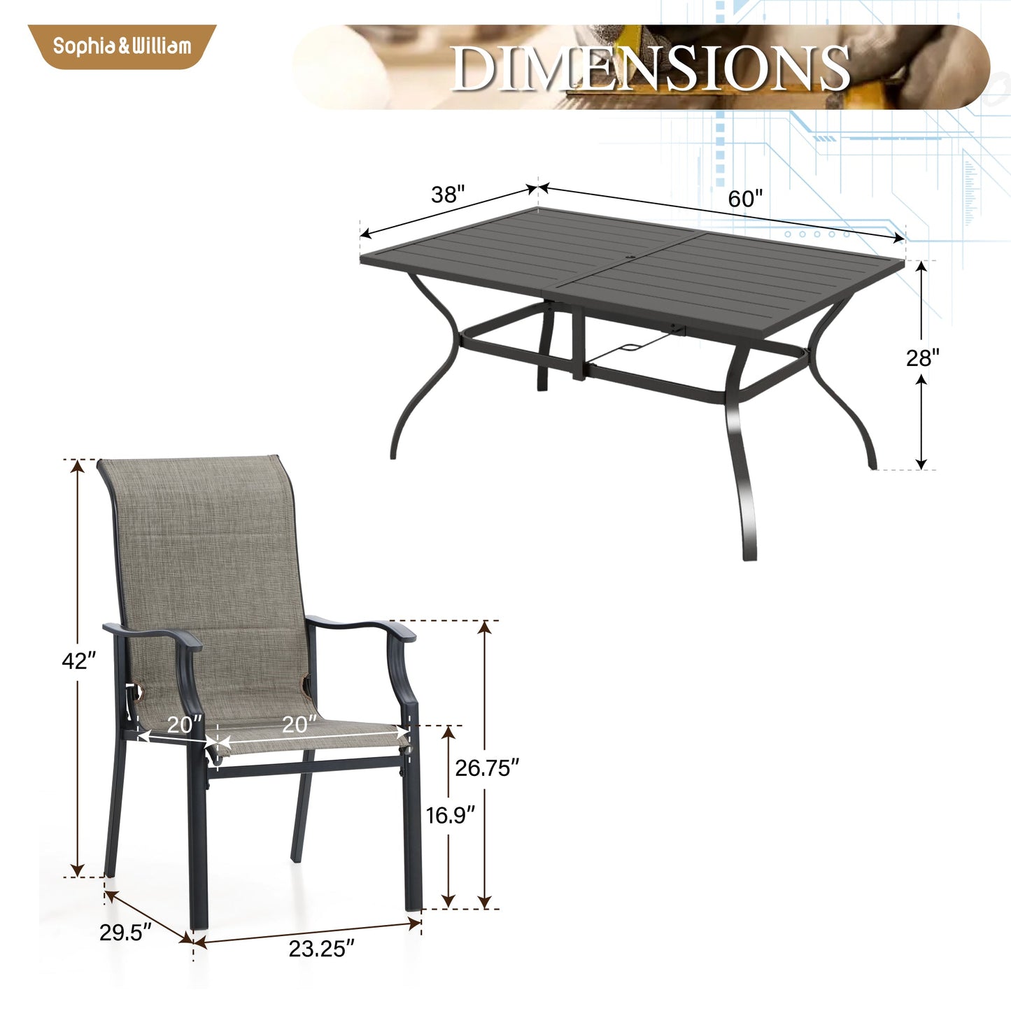 Sophia & William 8-Piece Outdoor Patio Dining Set with 13 ft Beige Umbrella, Padded Textilene Chairs & Rectangle Table for 6