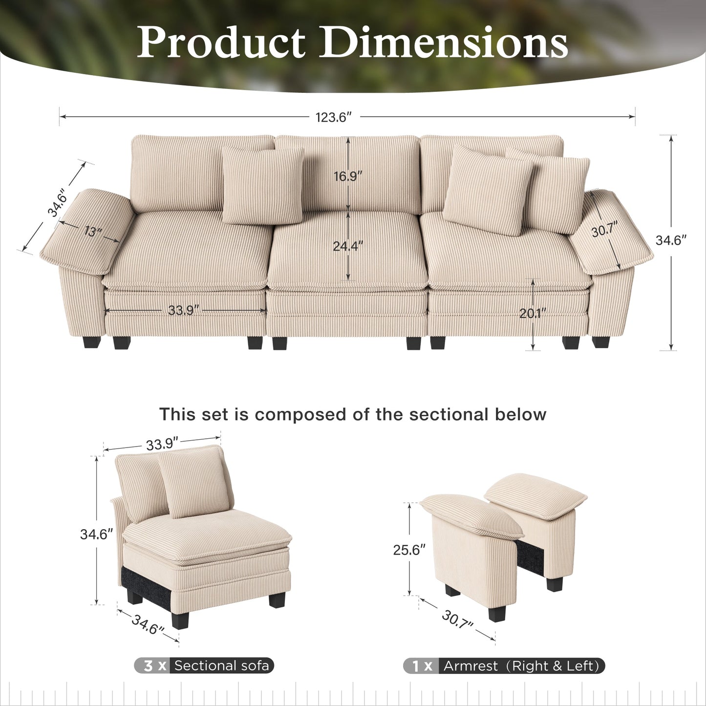 Sophia&William 3-Seat Convertible Sectional Sofa Couch, Modern Corduroy Couch Cloud Sofa Modular for Living Room,Beige