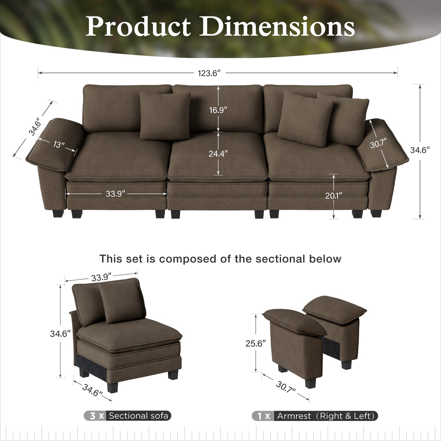 Sophia&William 3-Seat Convertible Sectional Sofa Couch, Modern Chenille Couch Cloud Sofa Modular for Living Room,Brown