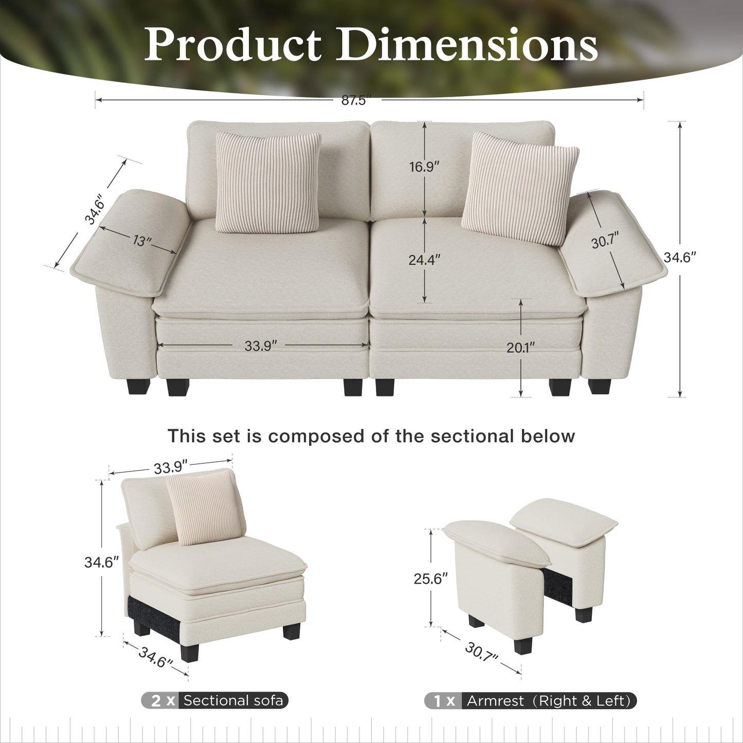 Sophia&William 87.5"LConvertible Sectional Sofa Couch, Modern Chenille Couch 2-Seat Sofa Loveseat for Living Room,White