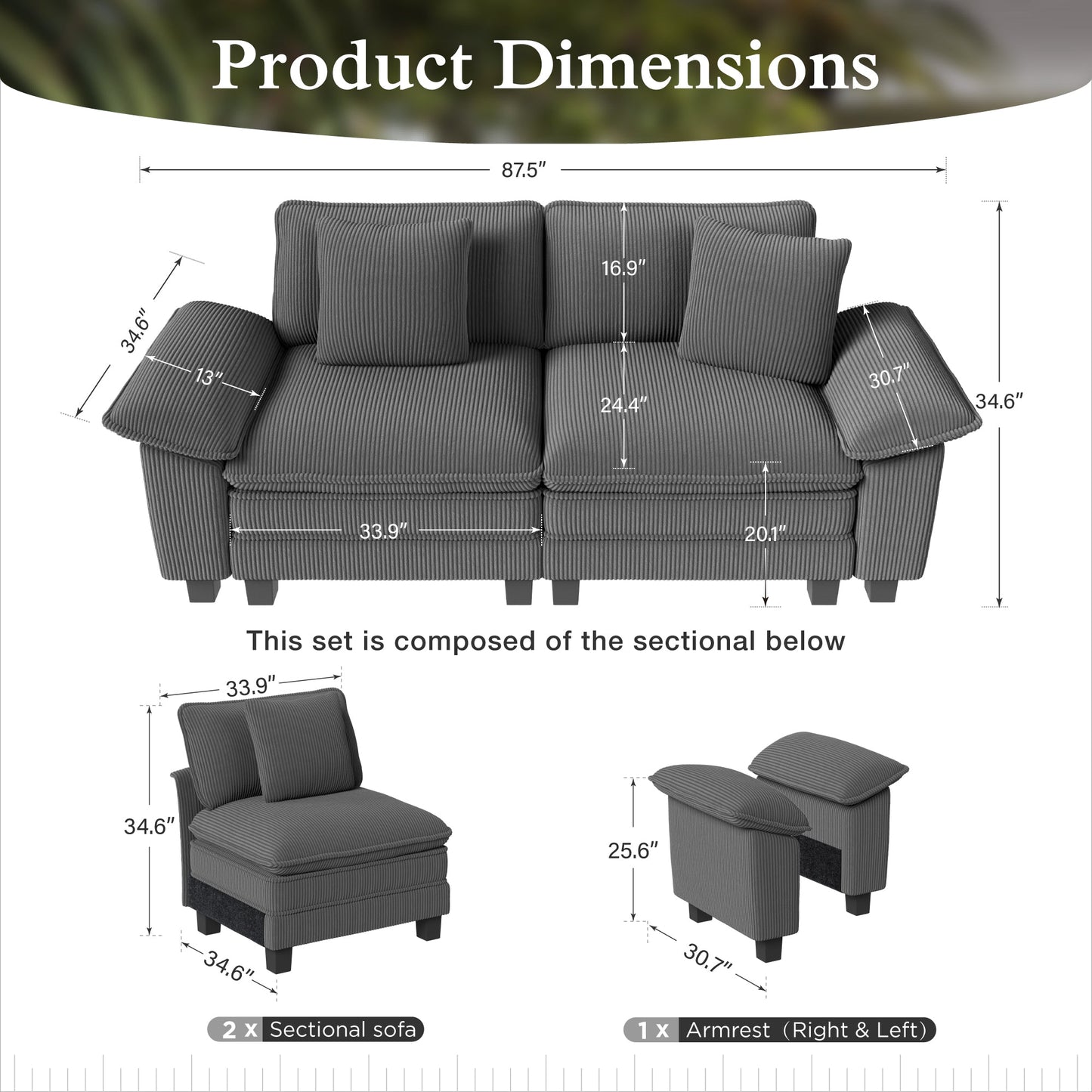 Sophia&William 87.5"LConvertible Sectional Sofa Couch, Modern Corduroy Couch 2-Seat Sofa Loveseat for Living Room,Gray
