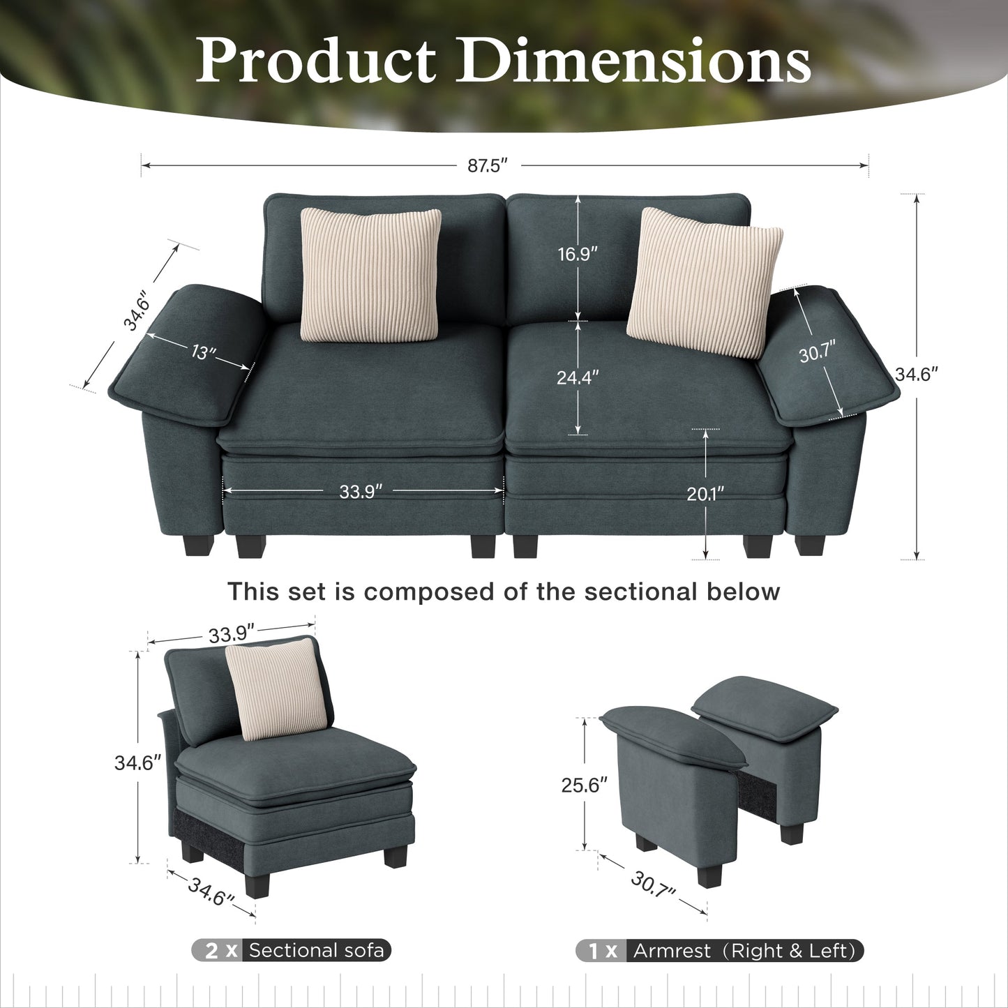 Sophia&William 87.5"L Convertible Sectional Sofa Couch, Modern Chenille Couch 2-Seat Sofa Loveseat for Living Room,Blue