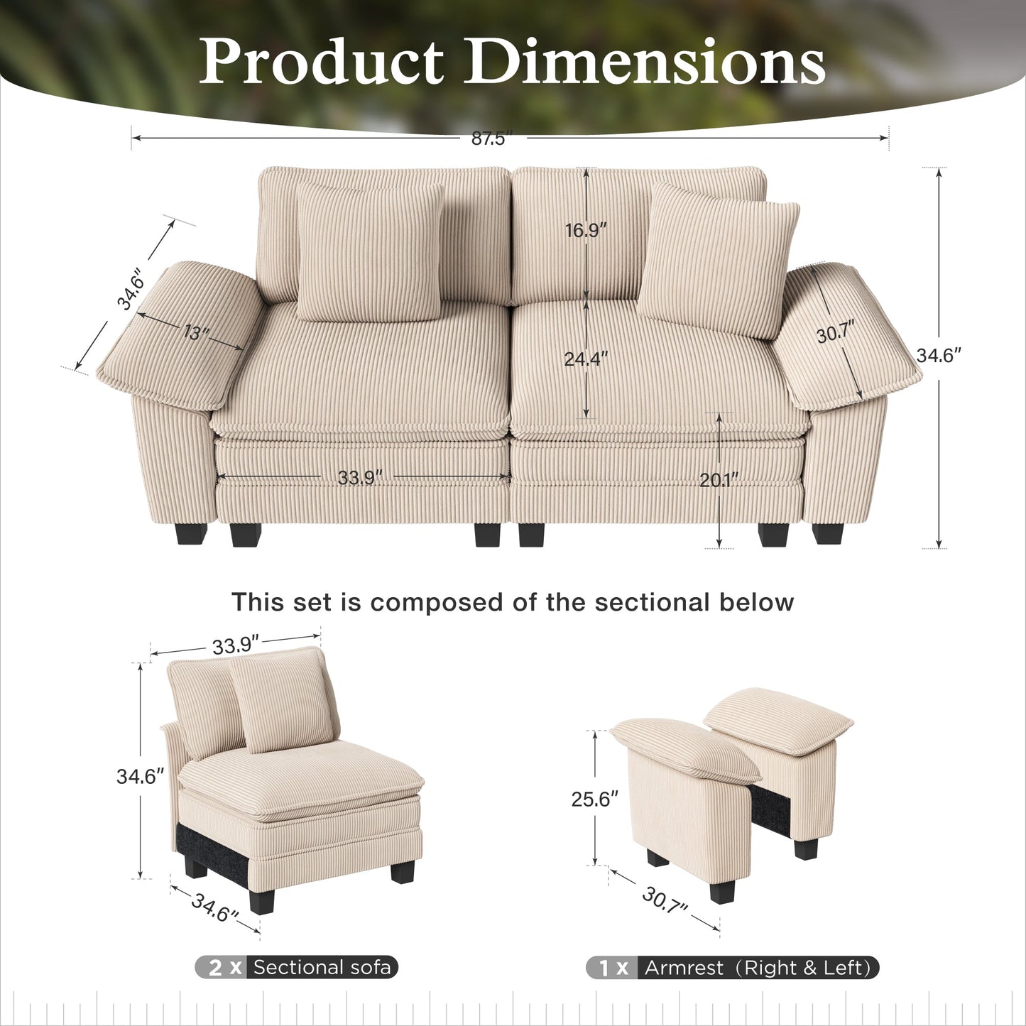 Sophia&William 87.5"LConvertible Sectional Sofa Couch, Modern Corduroy Couch 2-Seat Sofa Loveseat for Living Room,Beige