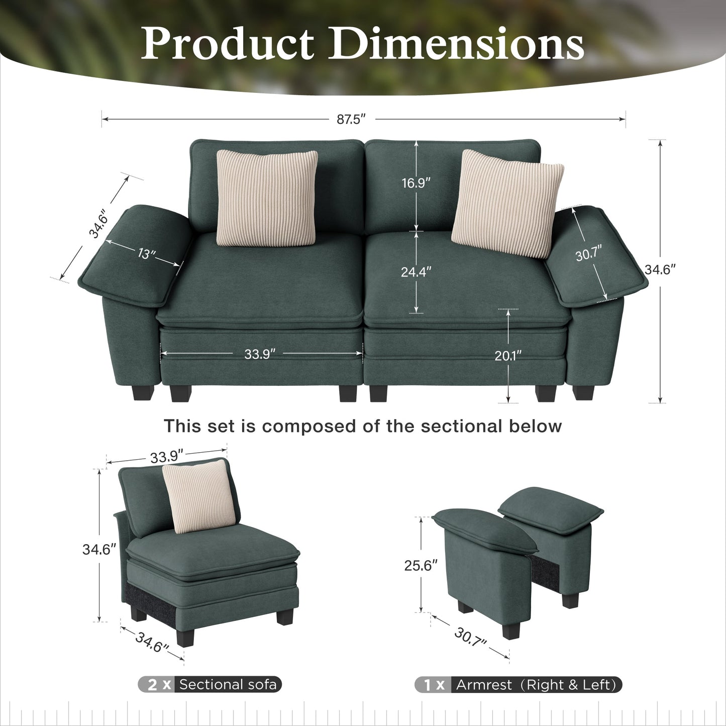 Sophia&William 87.5"LConvertible Sectional Sofa Couch, Modern Chenille Couch 2-Seat Sofa Loveseat for Living Room,Green