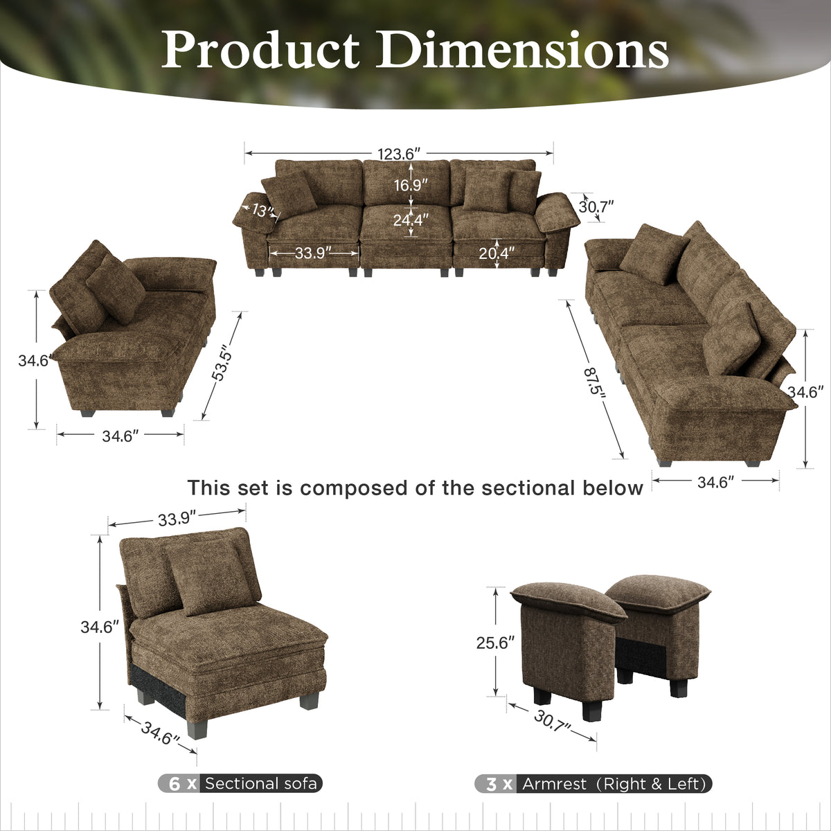 Sophia&William 6-Seat Sectional Sofa Sets, Modern Cloud Couch Deep Seat Modular Sofa with Corduroy Frame & 6 Pillows for Living Room, Apartment, Grayish Brown