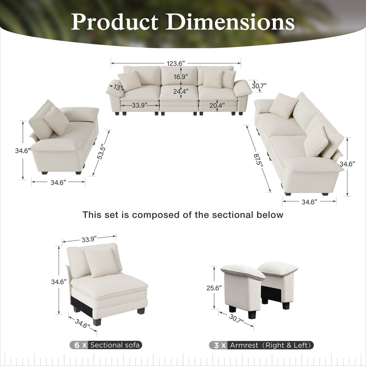 Sophia&William 6-Seat Sectional Sofa Sets, Modern Cloud Couch Deep Seat Modular Sofa with Corduroy Frame & 6 Pillows for Living Room, Apartment, White